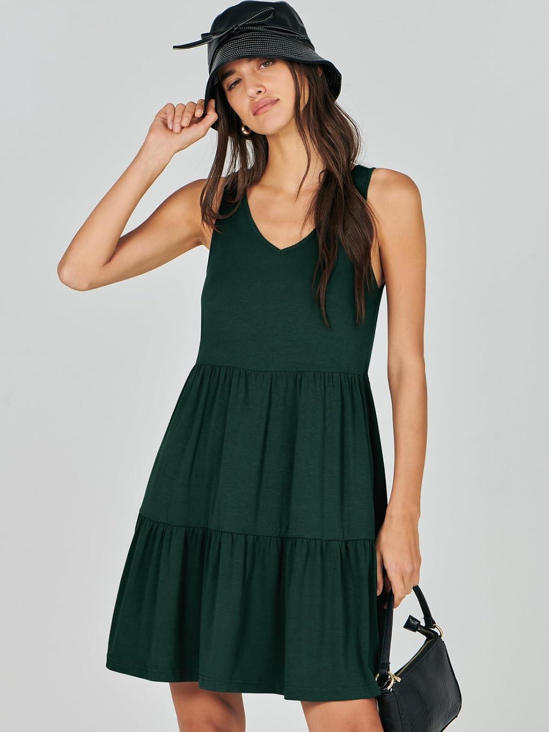 imageANRABESS Womens Summer Casual Tank Dress Sleeveless V Neck T Shirt Sundress Flowy Tiered Swing Mini Beach Vacation DressesDeep Green