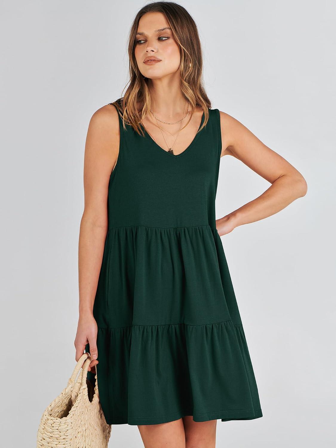 imageANRABESS Womens Summer Casual Tank Dress Sleeveless V Neck T Shirt Sundress Flowy Tiered Swing Mini Beach Vacation DressesDeep Green