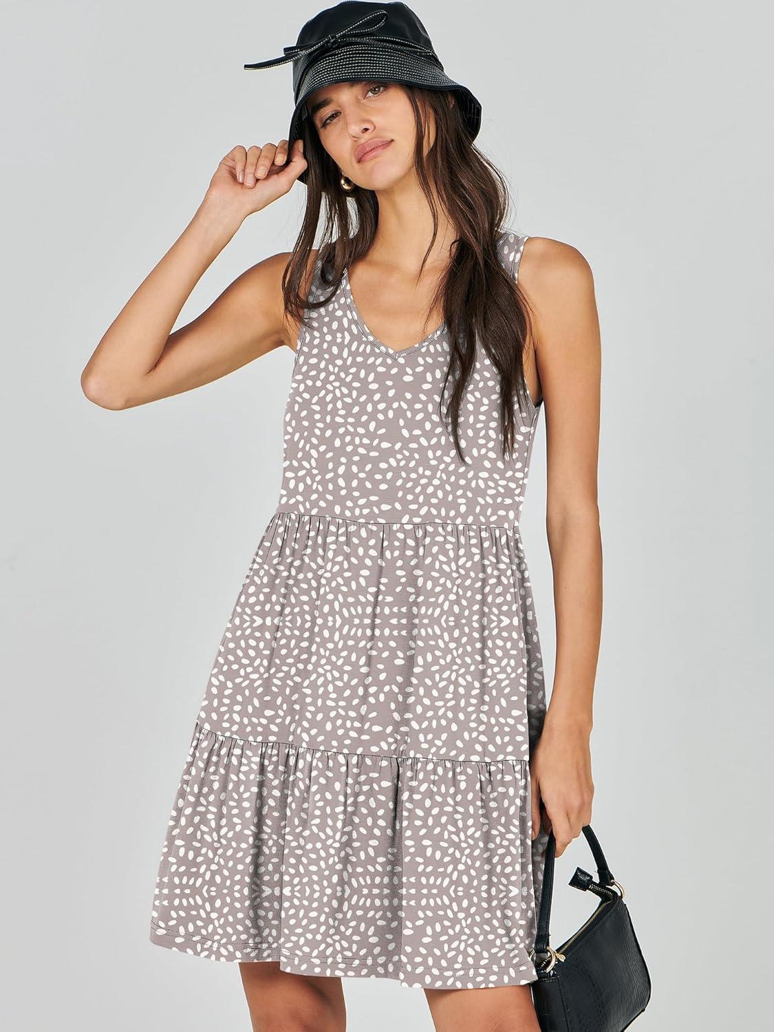 imageANRABESS Womens Summer Casual Tank Dress Sleeveless V Neck T Shirt Sundress Flowy Tiered Swing Mini Beach Vacation DressesKhaki Polka Dot