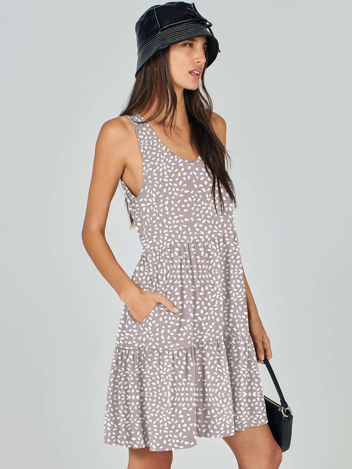 imageANRABESS Womens Summer Casual Tank Dress Sleeveless V Neck T Shirt Sundress Flowy Tiered Swing Mini Beach Vacation DressesKhaki Polka Dot