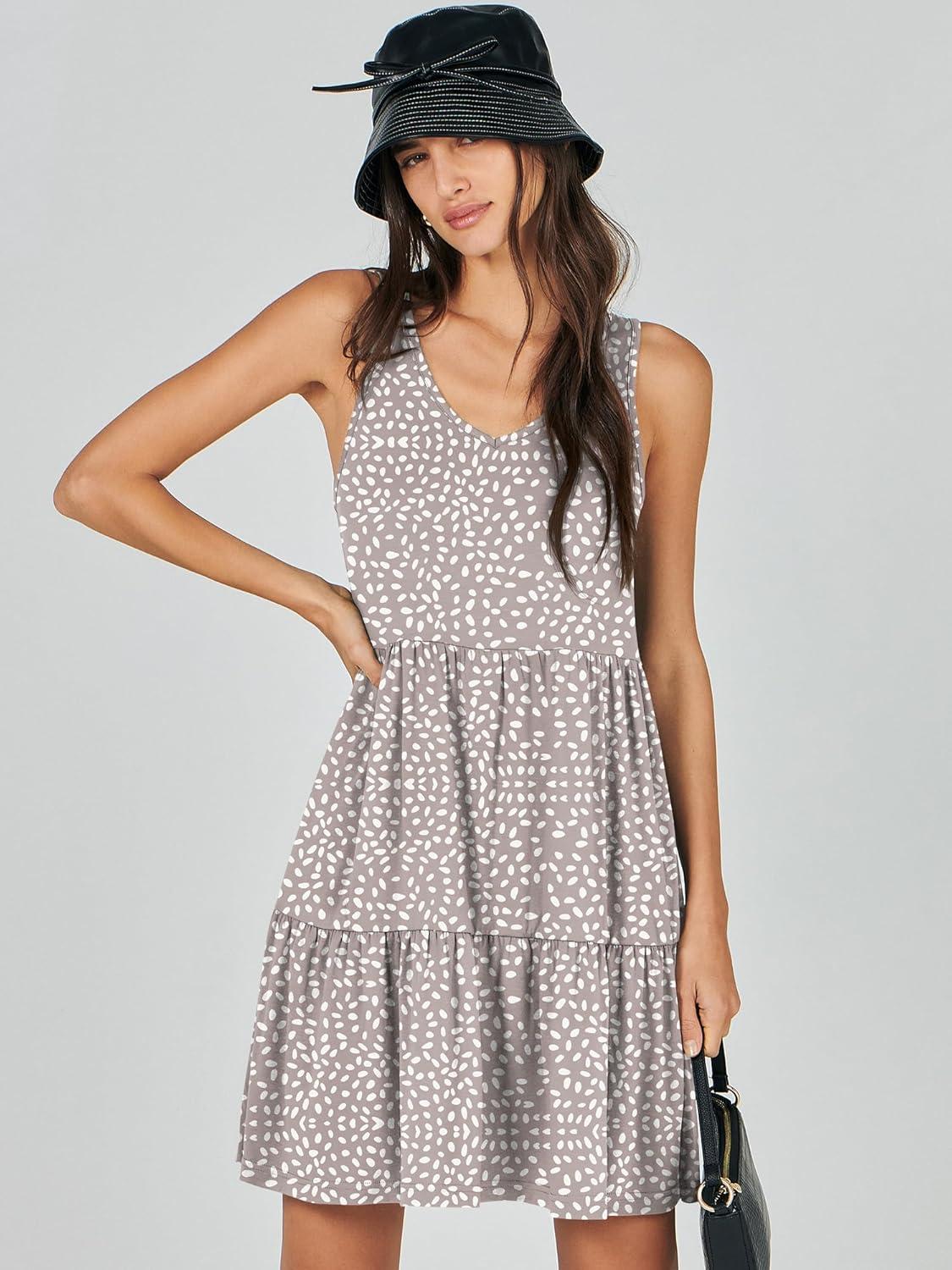 imageANRABESS Womens Summer Casual Tank Dress Sleeveless V Neck T Shirt Sundress Flowy Tiered Swing Mini Beach Vacation DressesKhaki Polka Dot