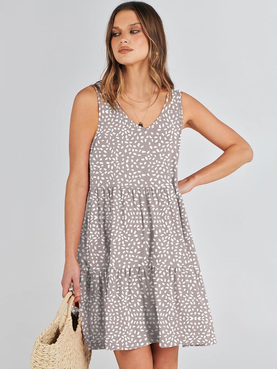 imageANRABESS Womens Summer Casual Tank Dress Sleeveless V Neck T Shirt Sundress Flowy Tiered Swing Mini Beach Vacation DressesKhaki Polka Dot