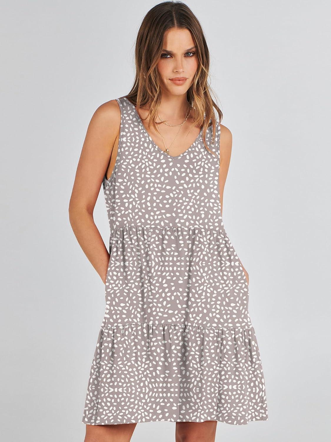 imageANRABESS Womens Summer Casual Tank Dress Sleeveless V Neck T Shirt Sundress Flowy Tiered Swing Mini Beach Vacation DressesKhaki Polka Dot