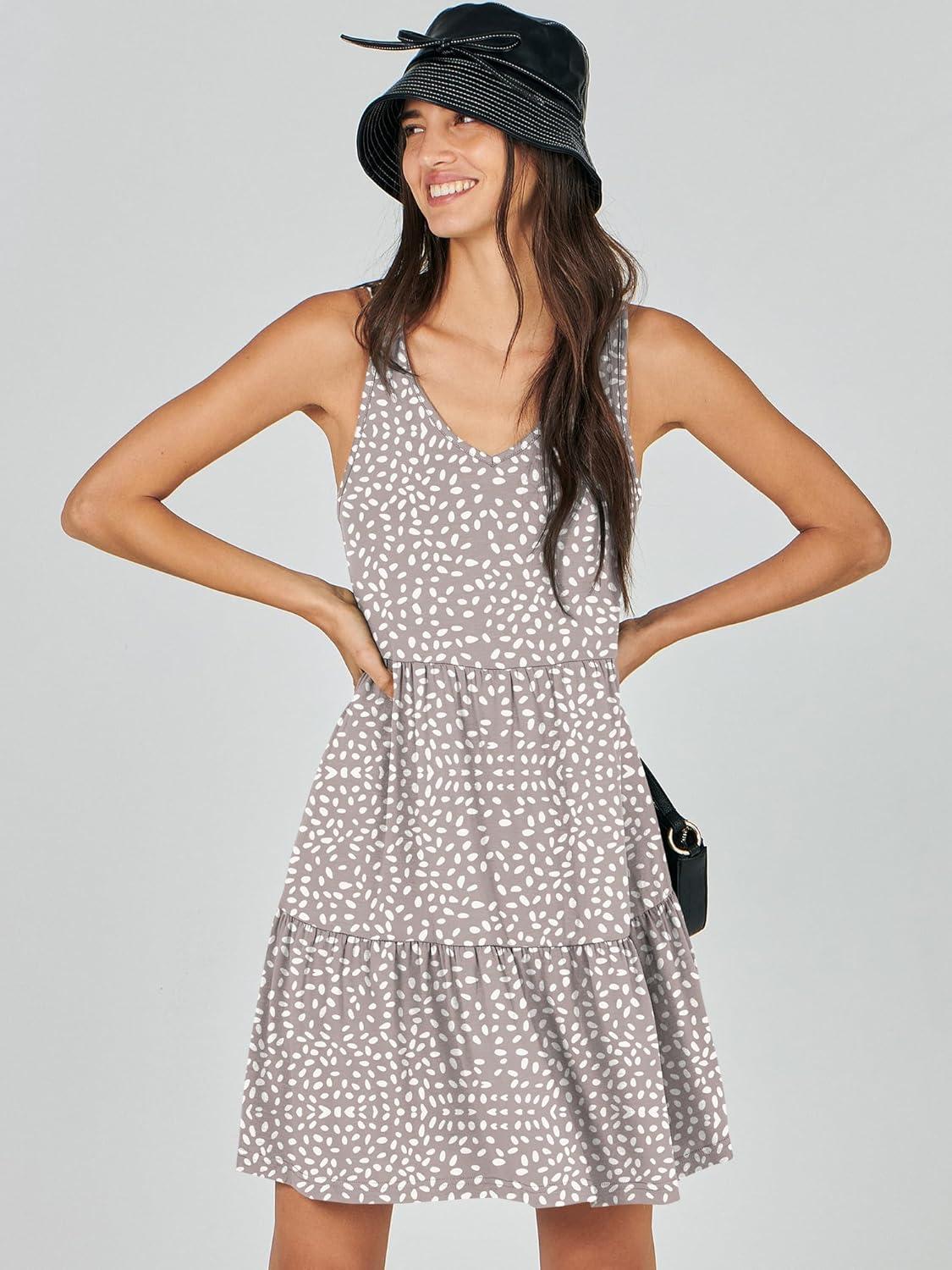 imageANRABESS Womens Summer Casual Tank Dress Sleeveless V Neck T Shirt Sundress Flowy Tiered Swing Mini Beach Vacation DressesKhaki Polka Dot