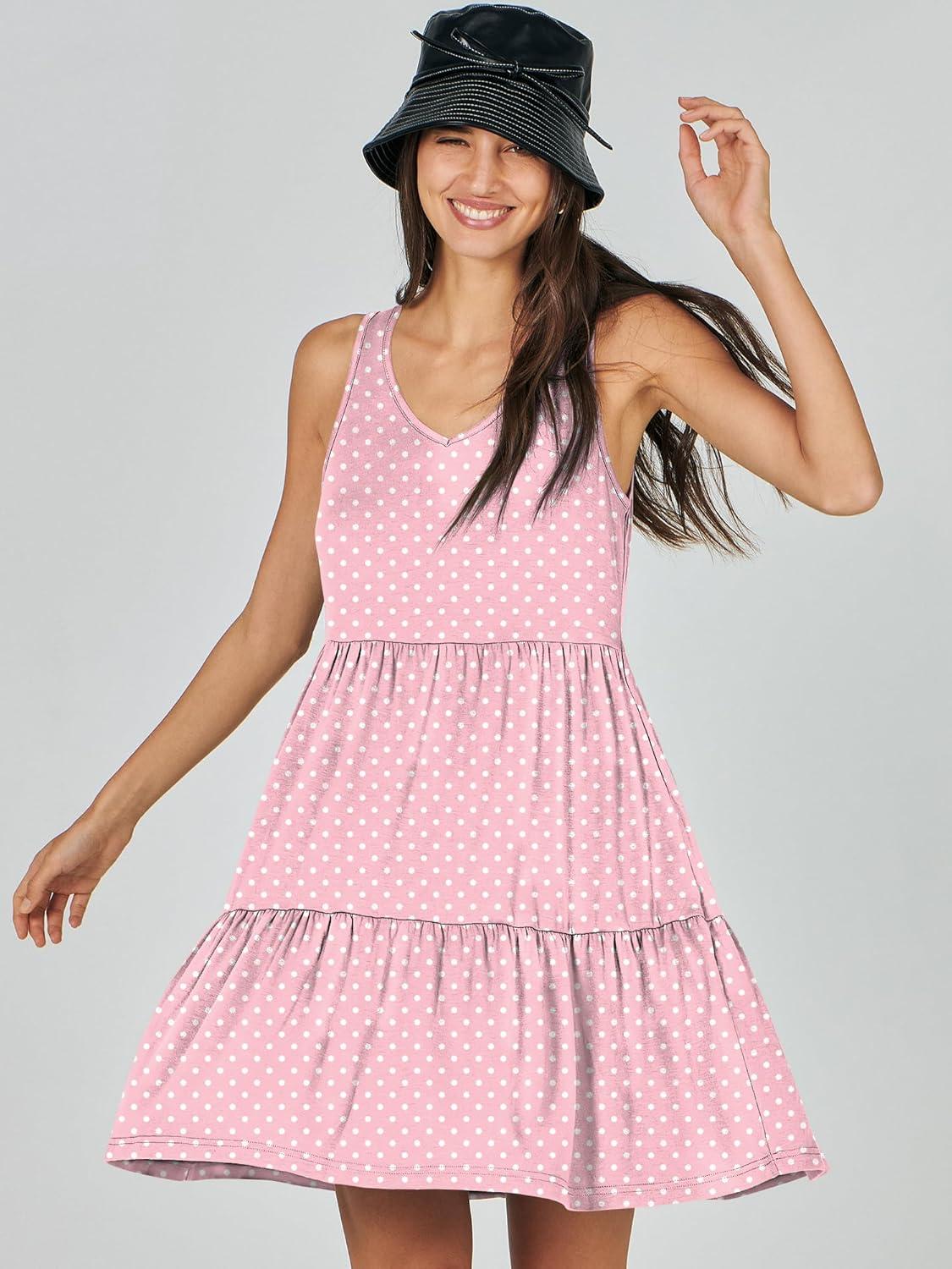 imageANRABESS Womens Summer Casual Tank Dress Sleeveless V Neck T Shirt Sundress Flowy Tiered Swing Mini Beach Vacation DressesPink White Dot