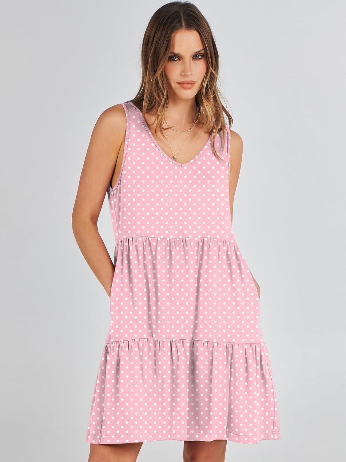 imageANRABESS Womens Summer Casual Tank Dress Sleeveless V Neck T Shirt Sundress Flowy Tiered Swing Mini Beach Vacation DressesPink White Dot