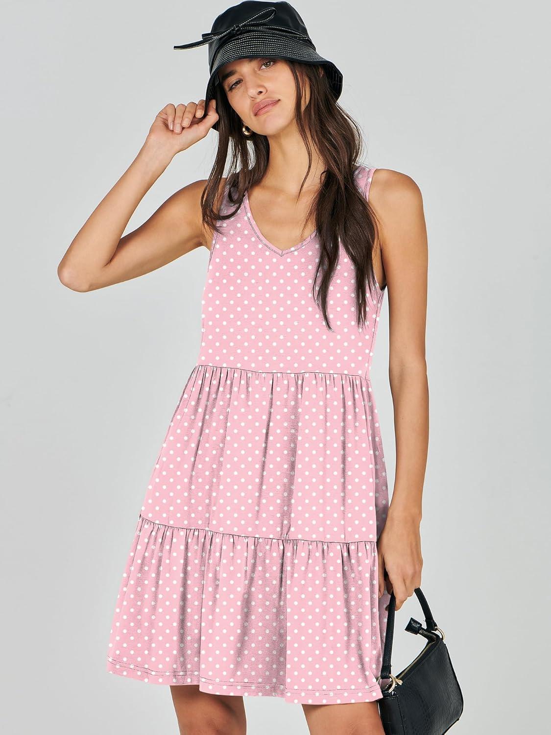 imageANRABESS Womens Summer Casual Tank Dress Sleeveless V Neck T Shirt Sundress Flowy Tiered Swing Mini Beach Vacation DressesPink White Dot