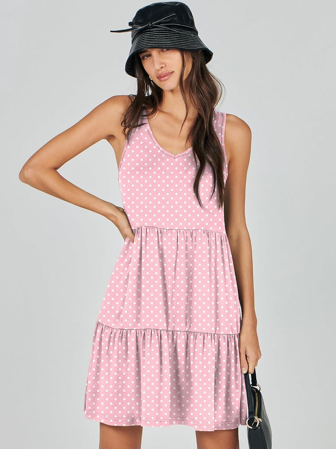 imageANRABESS Womens Summer Casual Tank Dress Sleeveless V Neck T Shirt Sundress Flowy Tiered Swing Mini Beach Vacation DressesPink White Dot