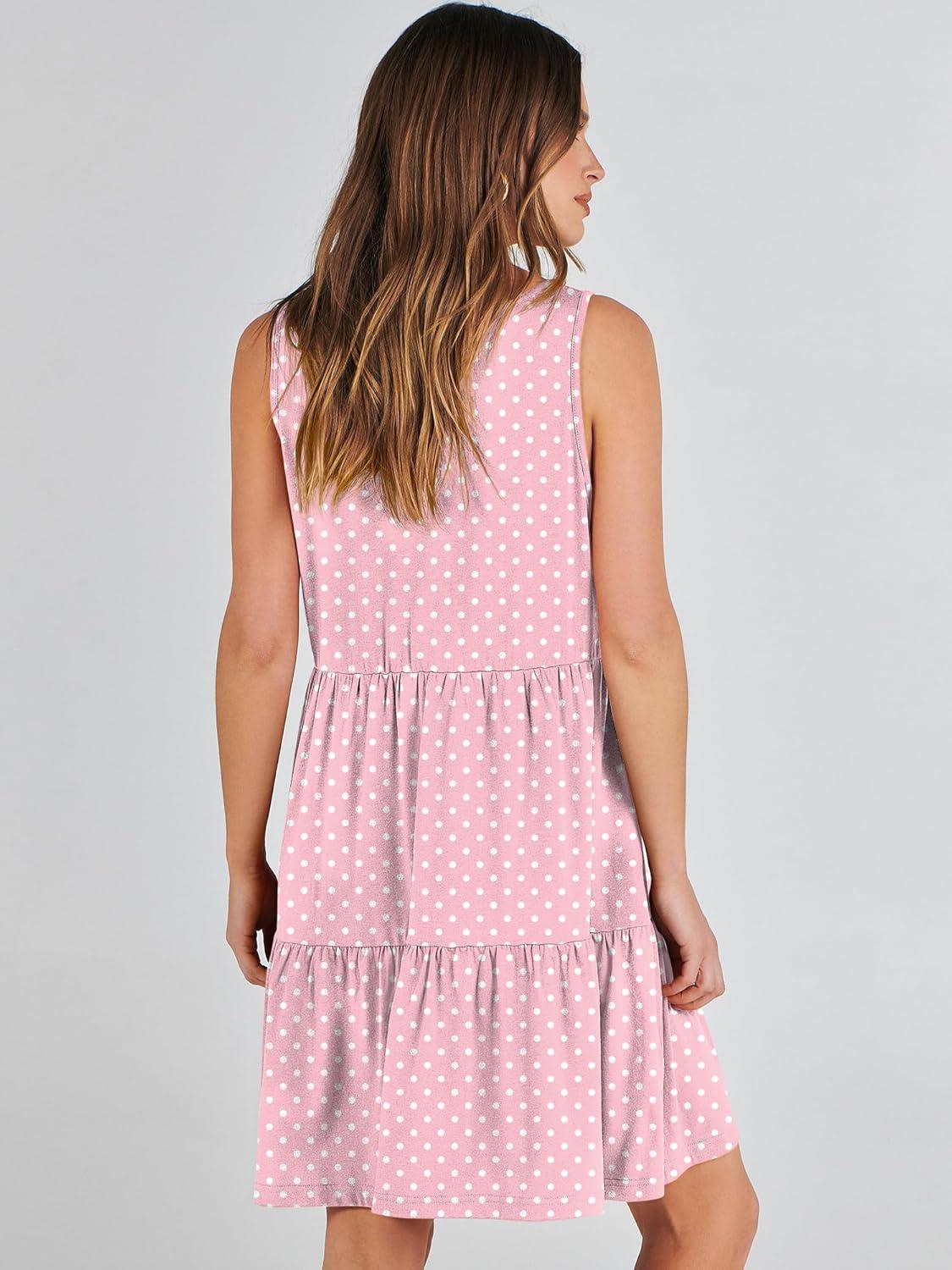 imageANRABESS Womens Summer Casual Tank Dress Sleeveless V Neck T Shirt Sundress Flowy Tiered Swing Mini Beach Vacation DressesPink White Dot