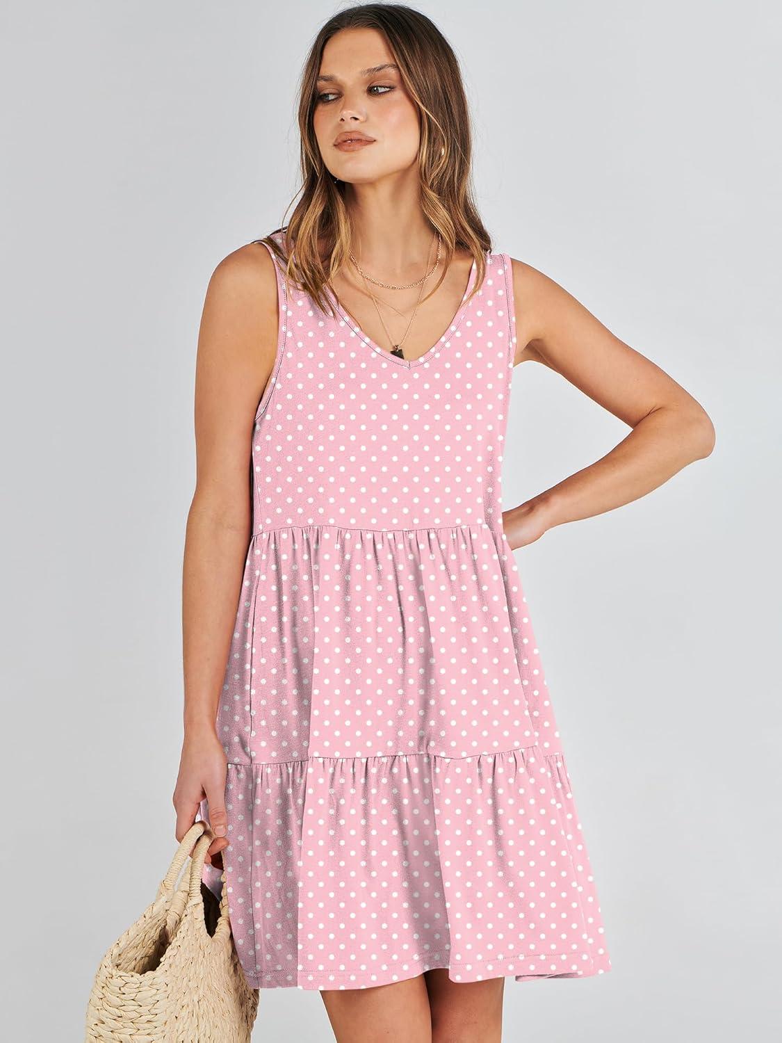 imageANRABESS Womens Summer Casual Tank Dress Sleeveless V Neck T Shirt Sundress Flowy Tiered Swing Mini Beach Vacation DressesPink White Dot