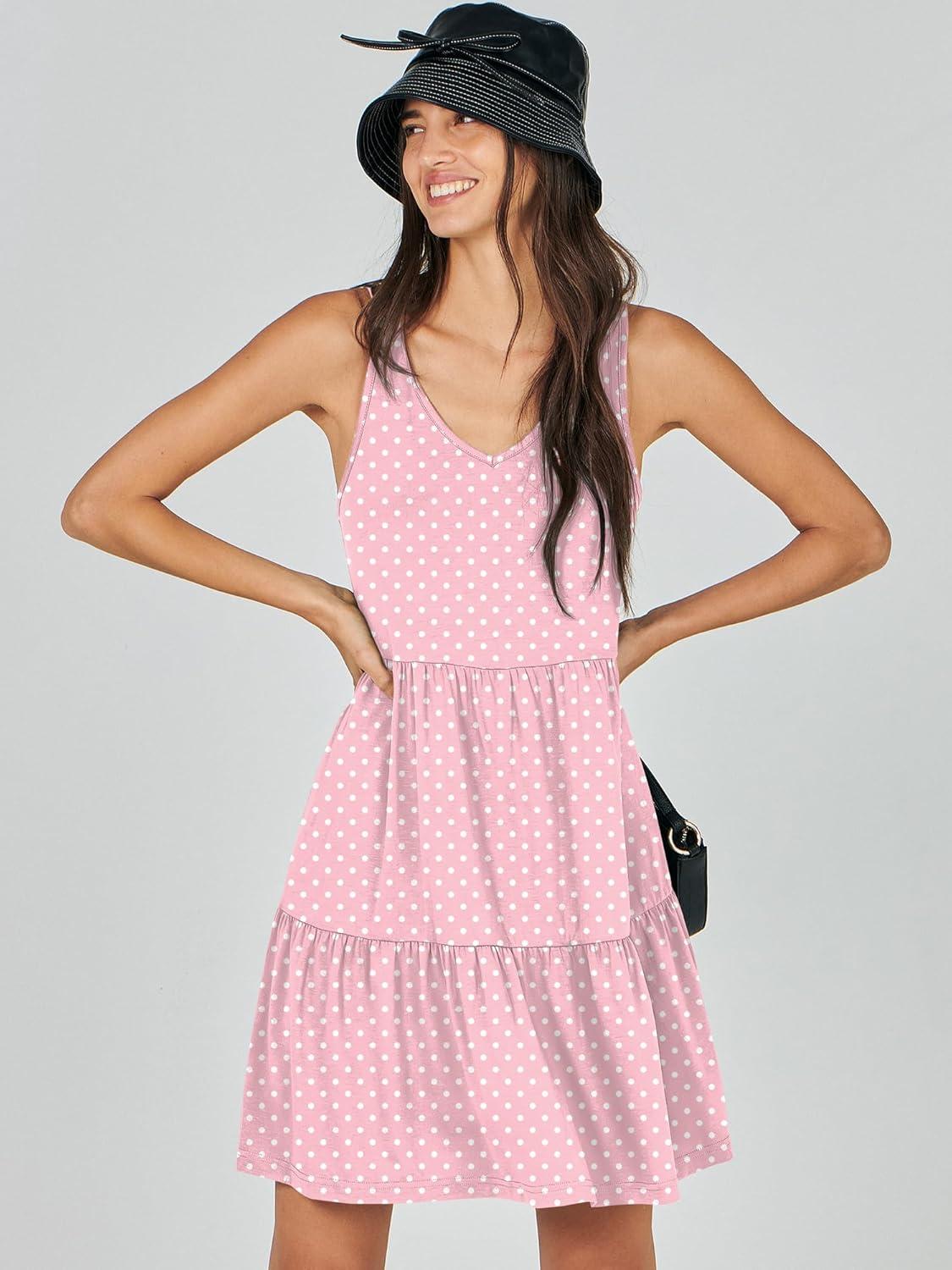 imageANRABESS Womens Summer Casual Tank Dress Sleeveless V Neck T Shirt Sundress Flowy Tiered Swing Mini Beach Vacation DressesPink White Dot