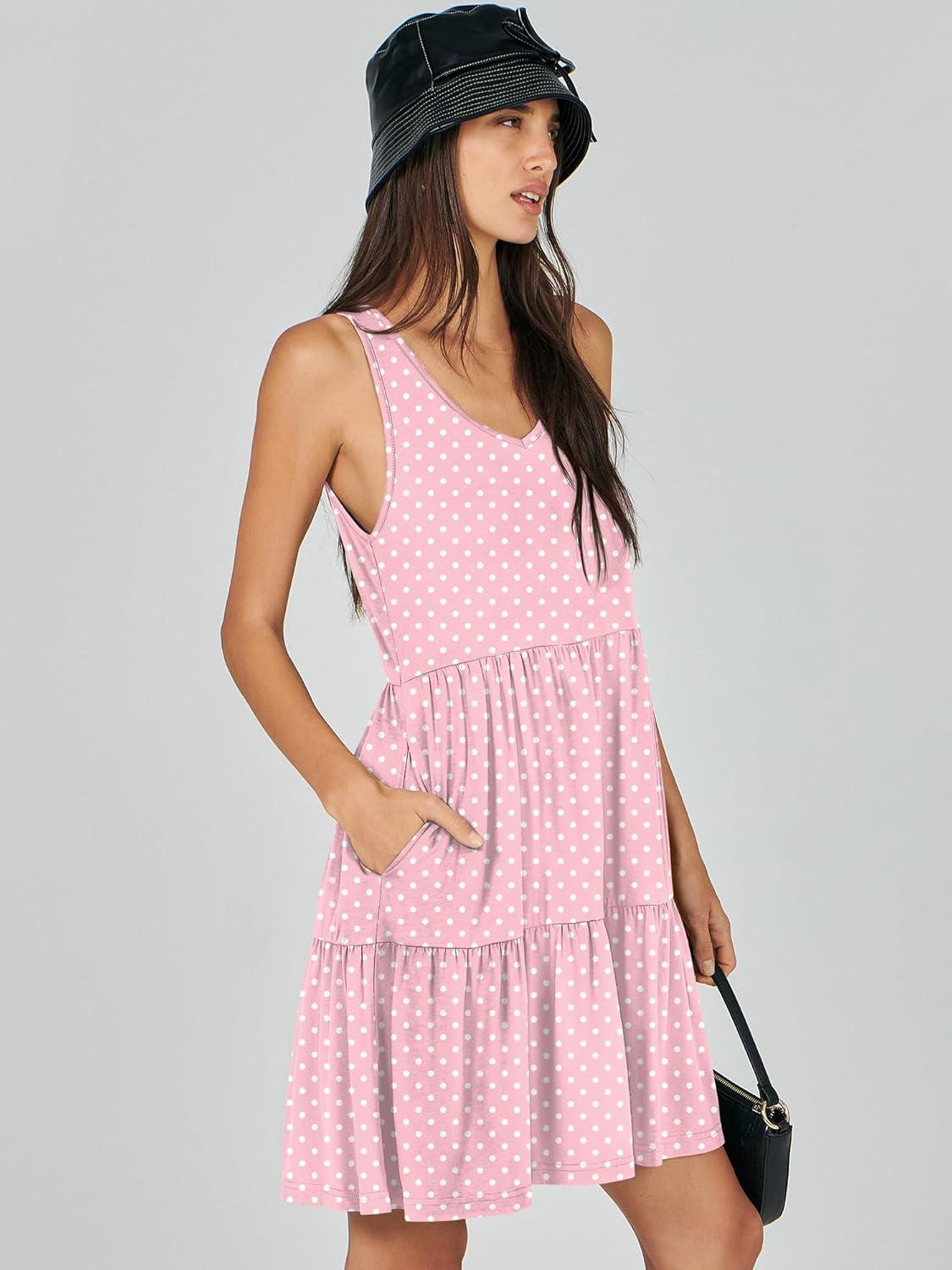 imageANRABESS Womens Summer Casual Tank Dress Sleeveless V Neck T Shirt Sundress Flowy Tiered Swing Mini Beach Vacation DressesPink White Dot