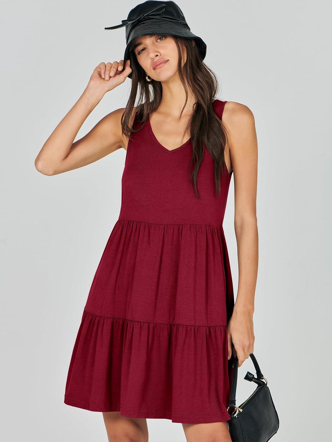 imageANRABESS Womens Summer Casual Tank Dress Sleeveless V Neck T Shirt Sundress Flowy Tiered Swing Mini Beach Vacation DressesRed