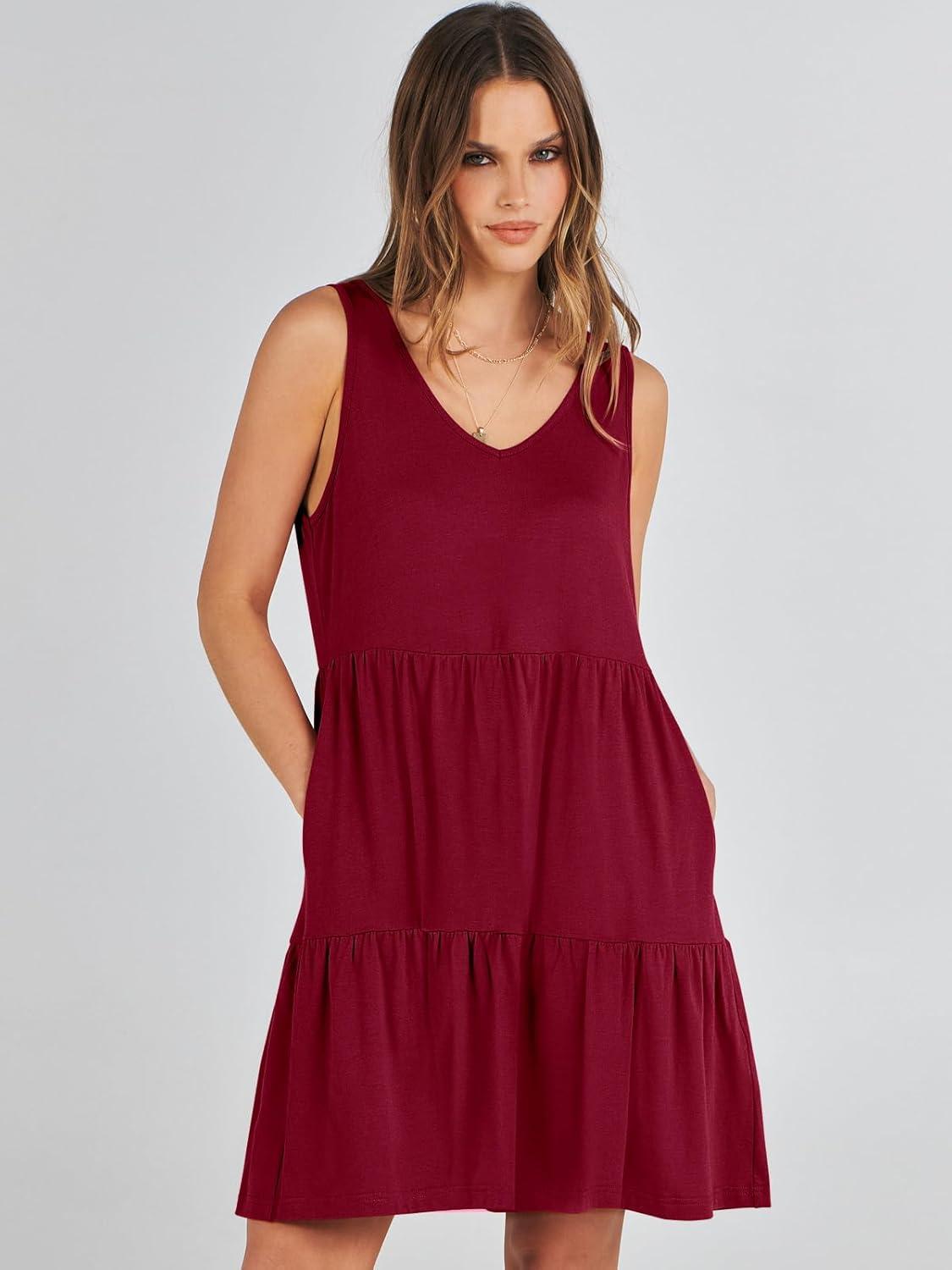 imageANRABESS Womens Summer Casual Tank Dress Sleeveless V Neck T Shirt Sundress Flowy Tiered Swing Mini Beach Vacation DressesRed