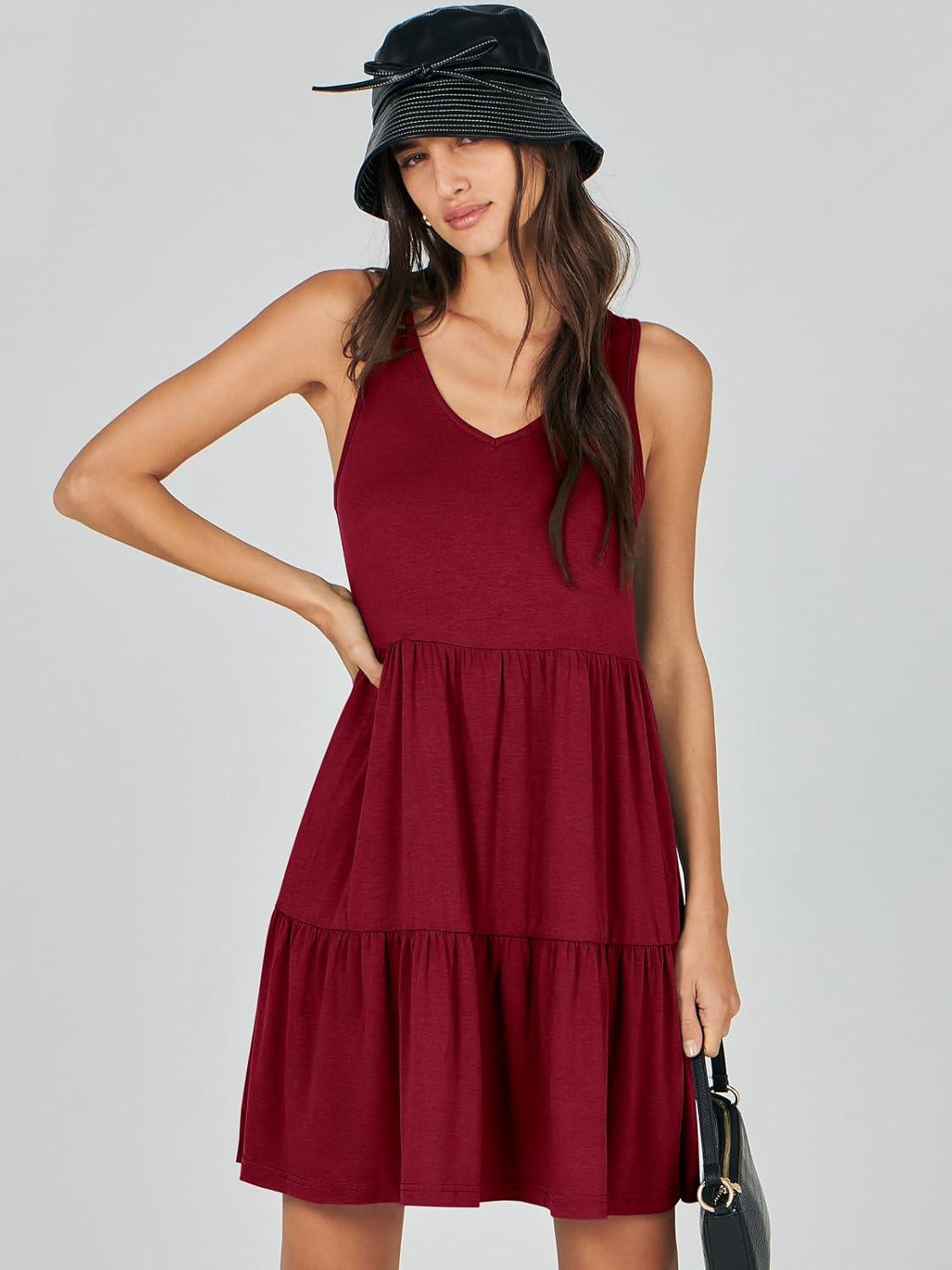 imageANRABESS Womens Summer Casual Tank Dress Sleeveless V Neck T Shirt Sundress Flowy Tiered Swing Mini Beach Vacation DressesRed