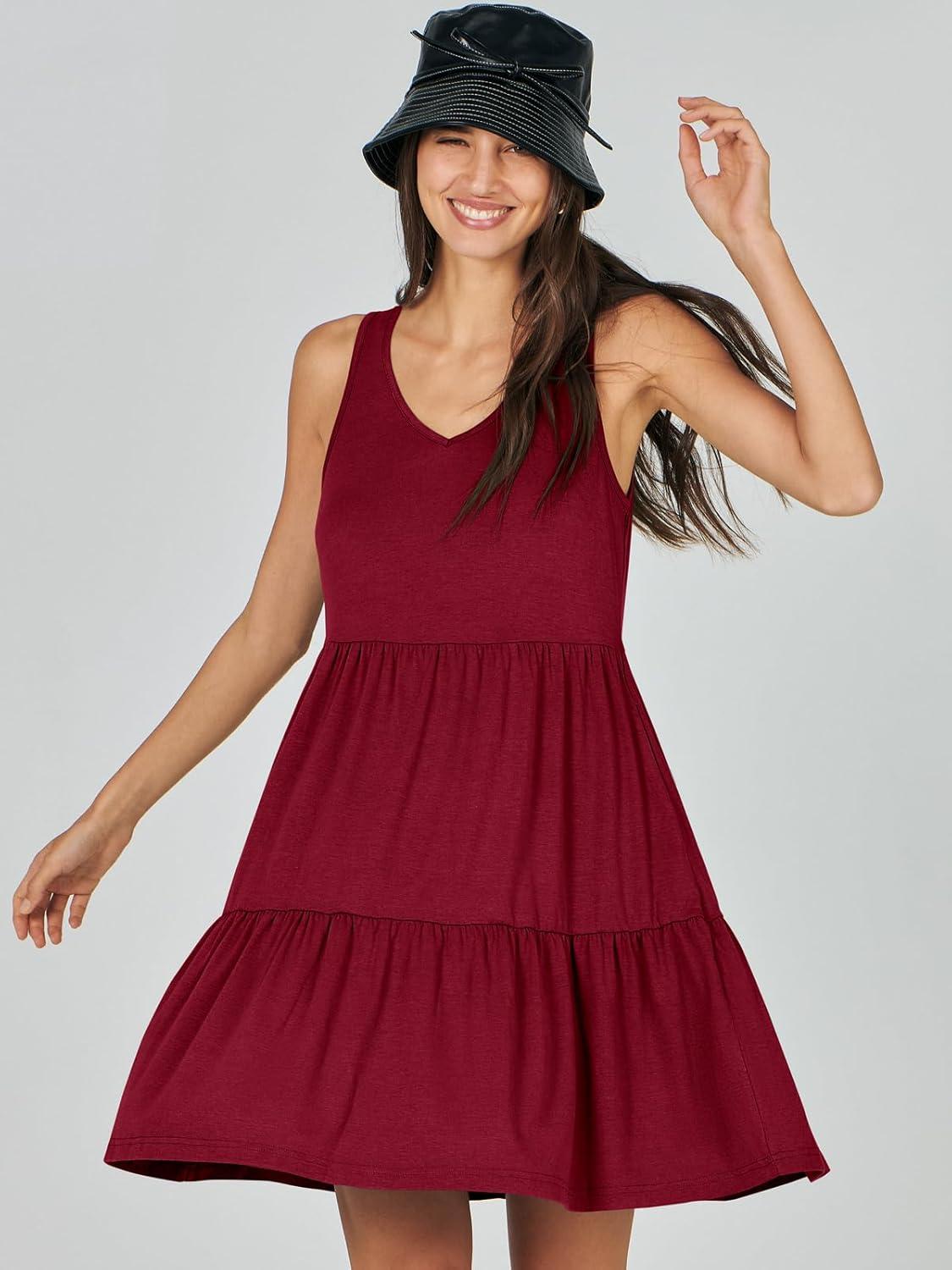 imageANRABESS Womens Summer Casual Tank Dress Sleeveless V Neck T Shirt Sundress Flowy Tiered Swing Mini Beach Vacation DressesRed