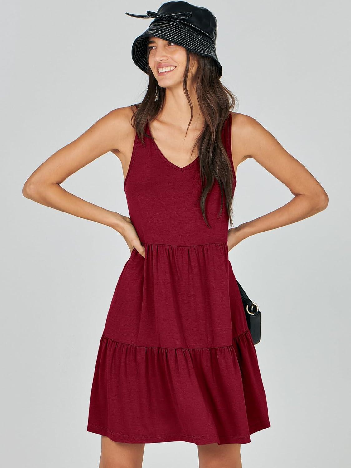imageANRABESS Womens Summer Casual Tank Dress Sleeveless V Neck T Shirt Sundress Flowy Tiered Swing Mini Beach Vacation DressesRed