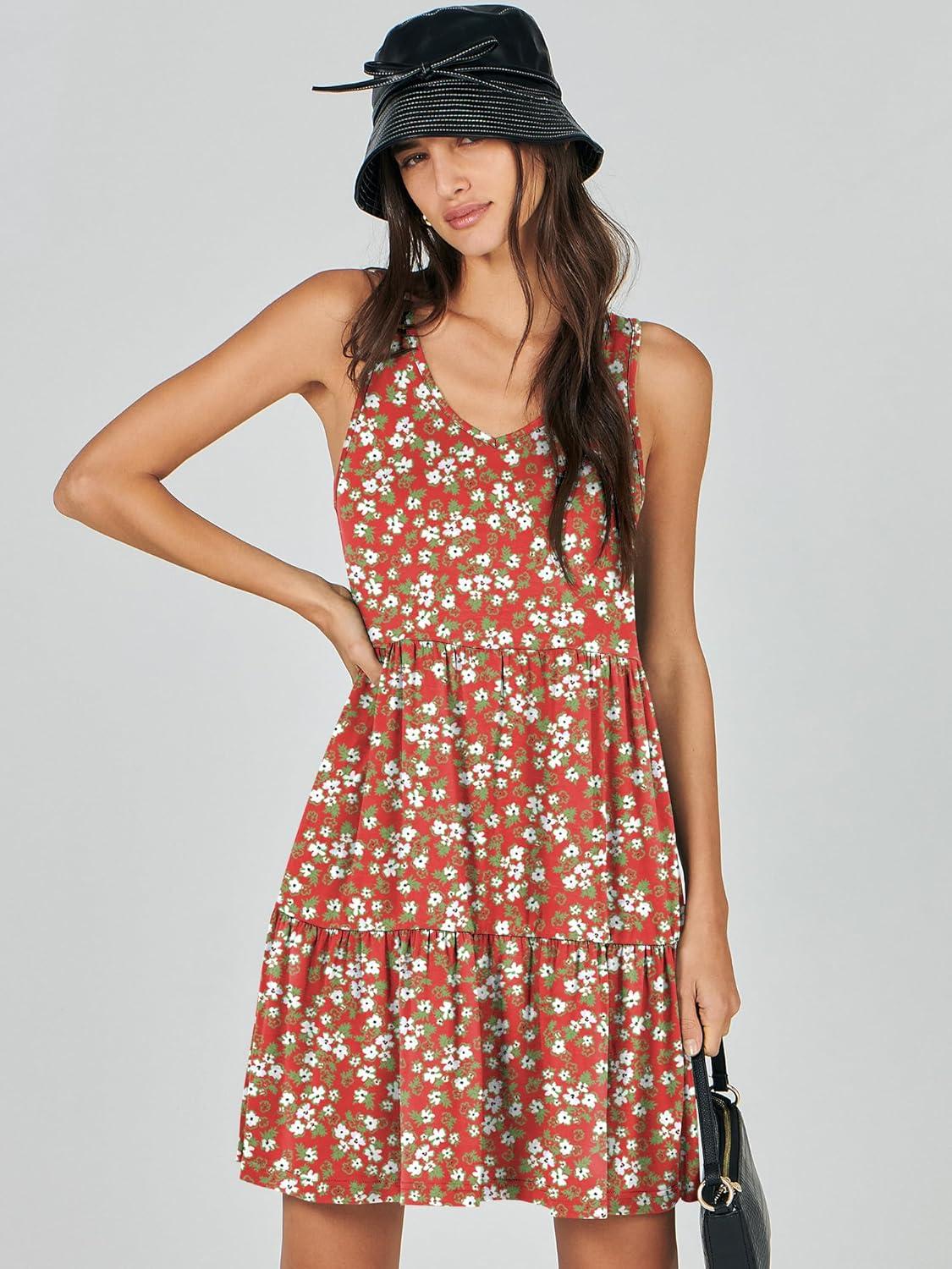 imageANRABESS Womens Summer Casual Tank Dress Sleeveless V Neck T Shirt Sundress Flowy Tiered Swing Mini Beach Vacation DressesRed Floral