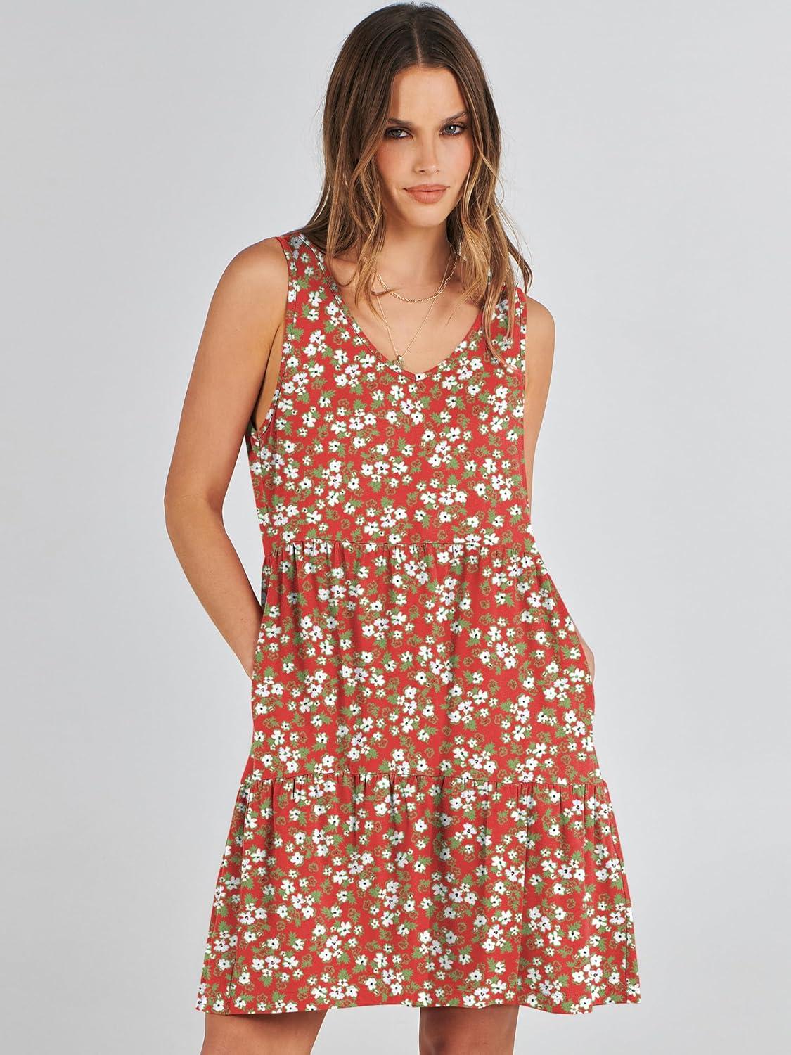 imageANRABESS Womens Summer Casual Tank Dress Sleeveless V Neck T Shirt Sundress Flowy Tiered Swing Mini Beach Vacation DressesRed Floral