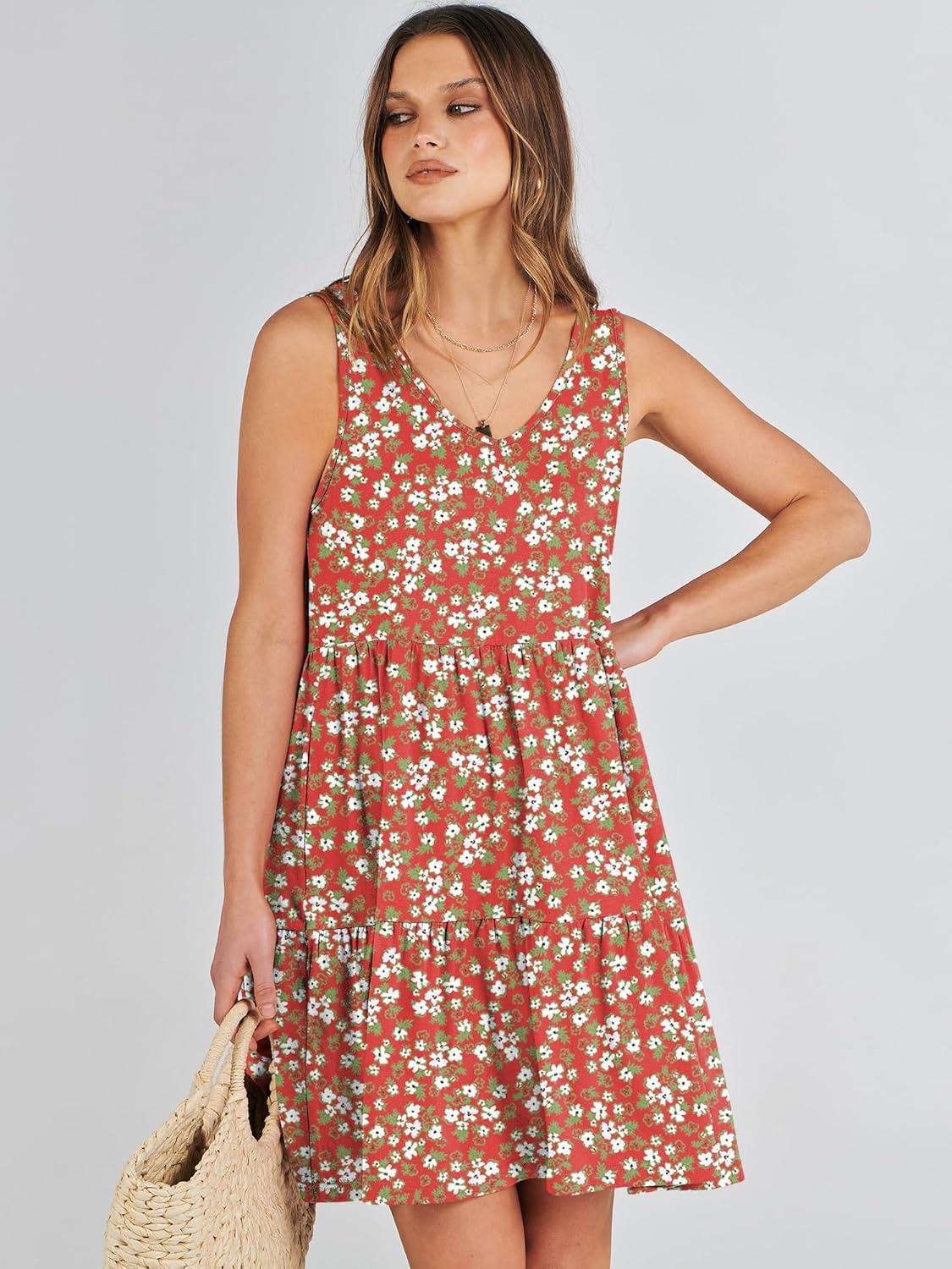 imageANRABESS Womens Summer Casual Tank Dress Sleeveless V Neck T Shirt Sundress Flowy Tiered Swing Mini Beach Vacation DressesRed Floral