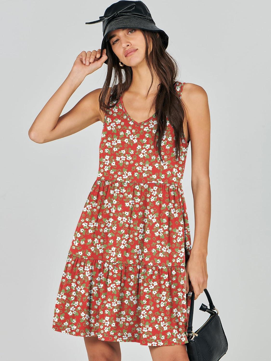 imageANRABESS Womens Summer Casual Tank Dress Sleeveless V Neck T Shirt Sundress Flowy Tiered Swing Mini Beach Vacation DressesRed Floral