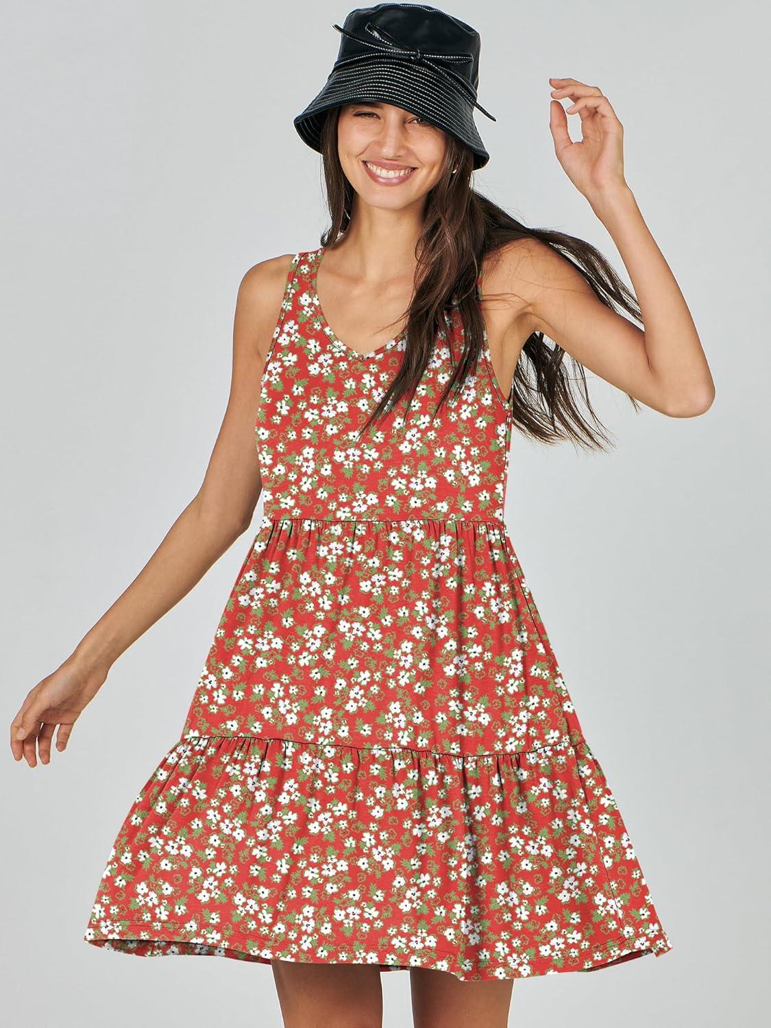 imageANRABESS Womens Summer Casual Tank Dress Sleeveless V Neck T Shirt Sundress Flowy Tiered Swing Mini Beach Vacation DressesRed Floral