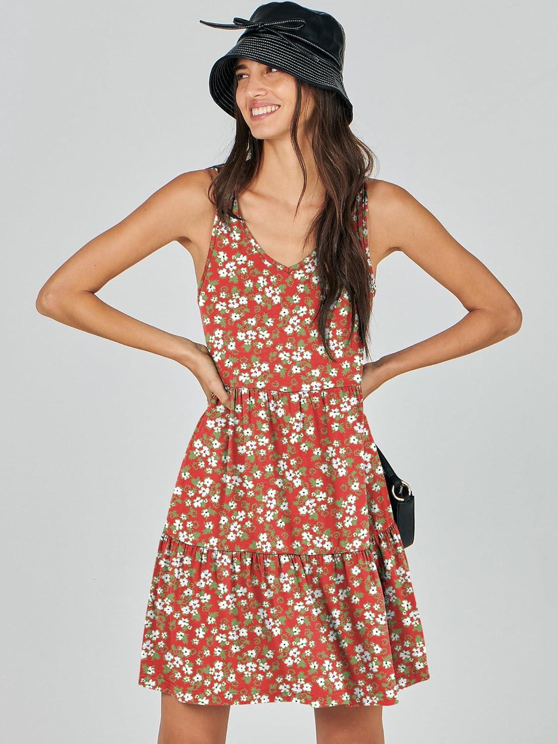 imageANRABESS Womens Summer Casual Tank Dress Sleeveless V Neck T Shirt Sundress Flowy Tiered Swing Mini Beach Vacation DressesRed Floral