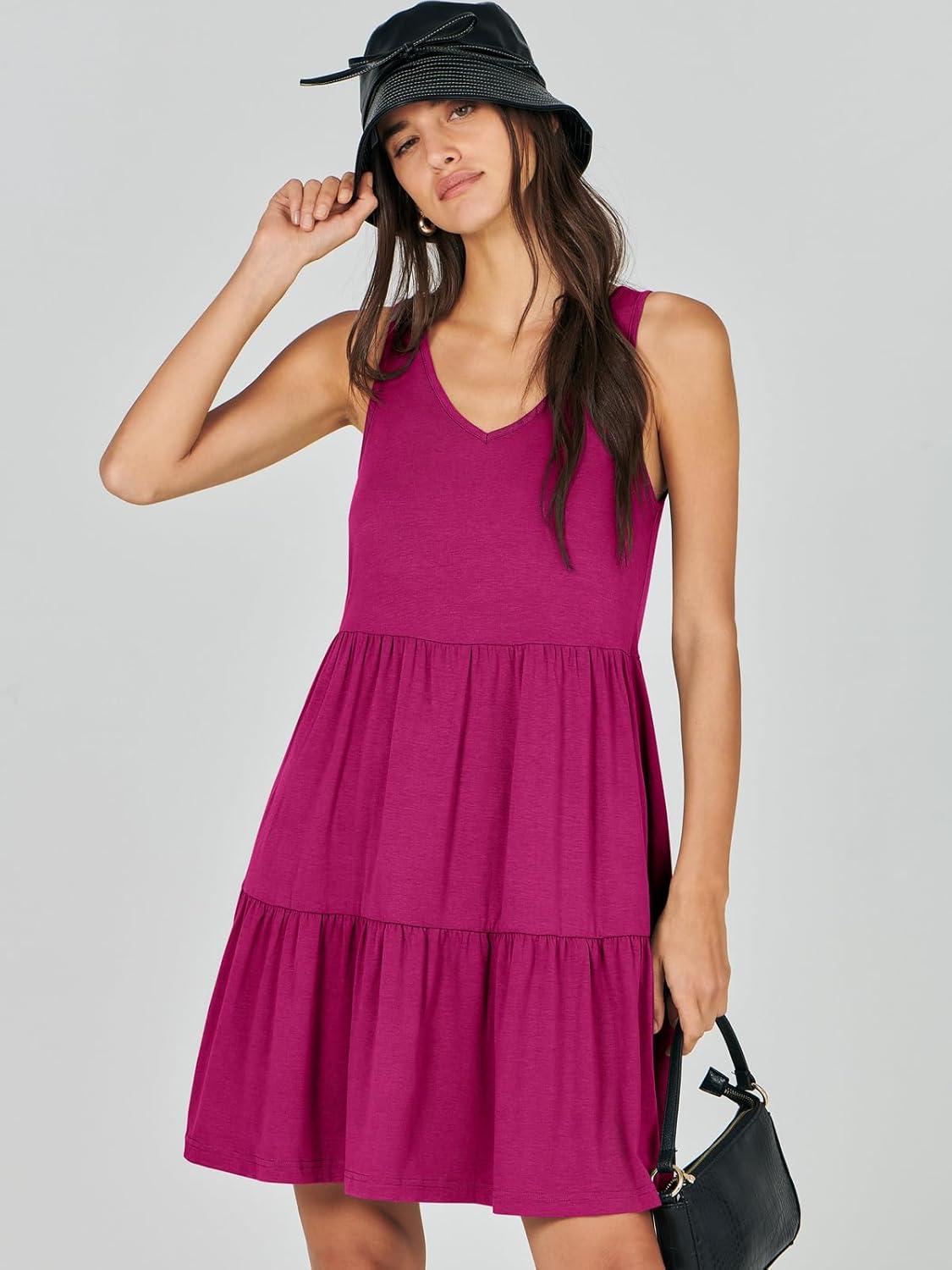 imageANRABESS Womens Summer Casual Tank Dress Sleeveless V Neck T Shirt Sundress Flowy Tiered Swing Mini Beach Vacation DressesRose