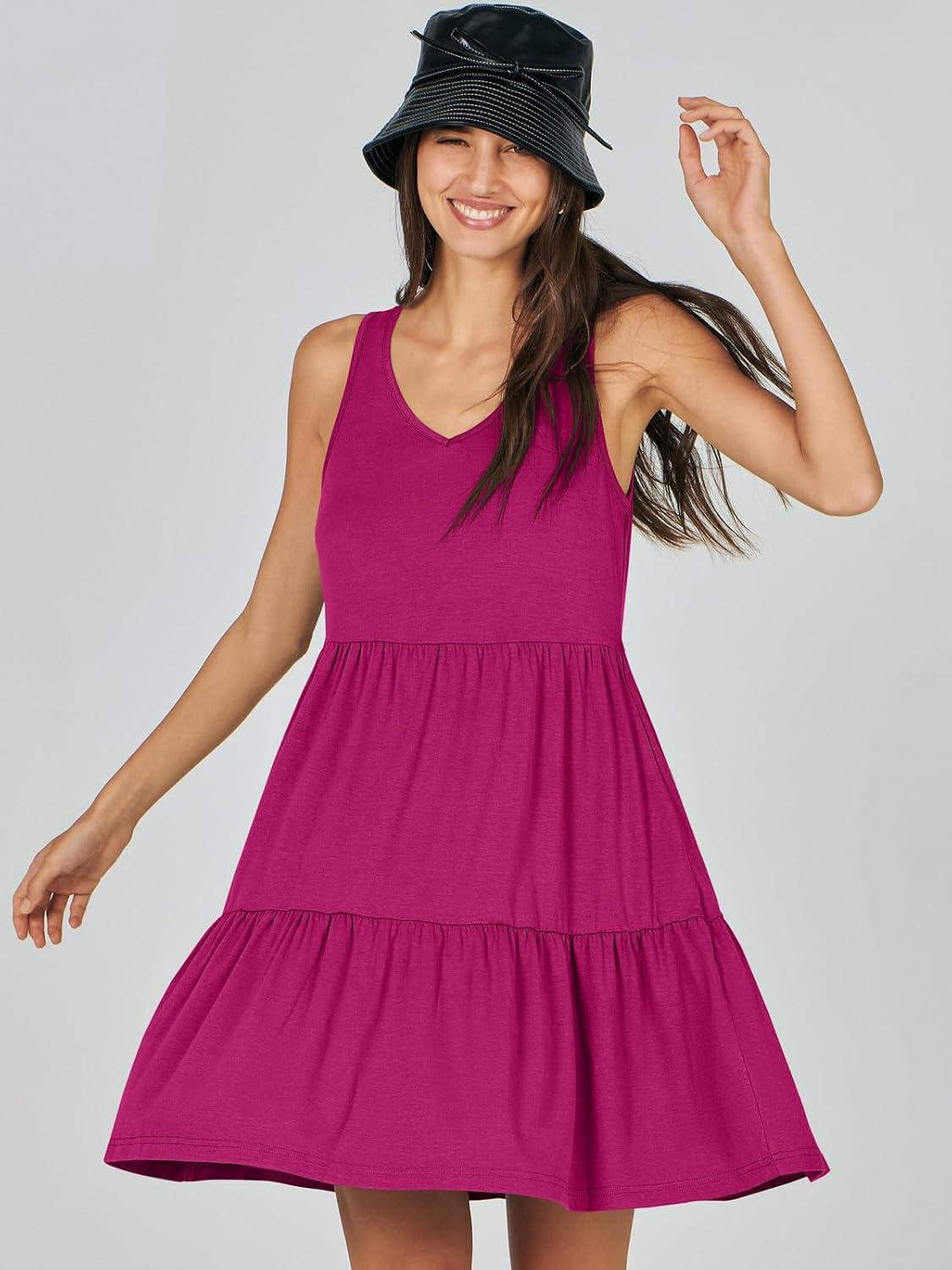 imageANRABESS Womens Summer Casual Tank Dress Sleeveless V Neck T Shirt Sundress Flowy Tiered Swing Mini Beach Vacation DressesRose