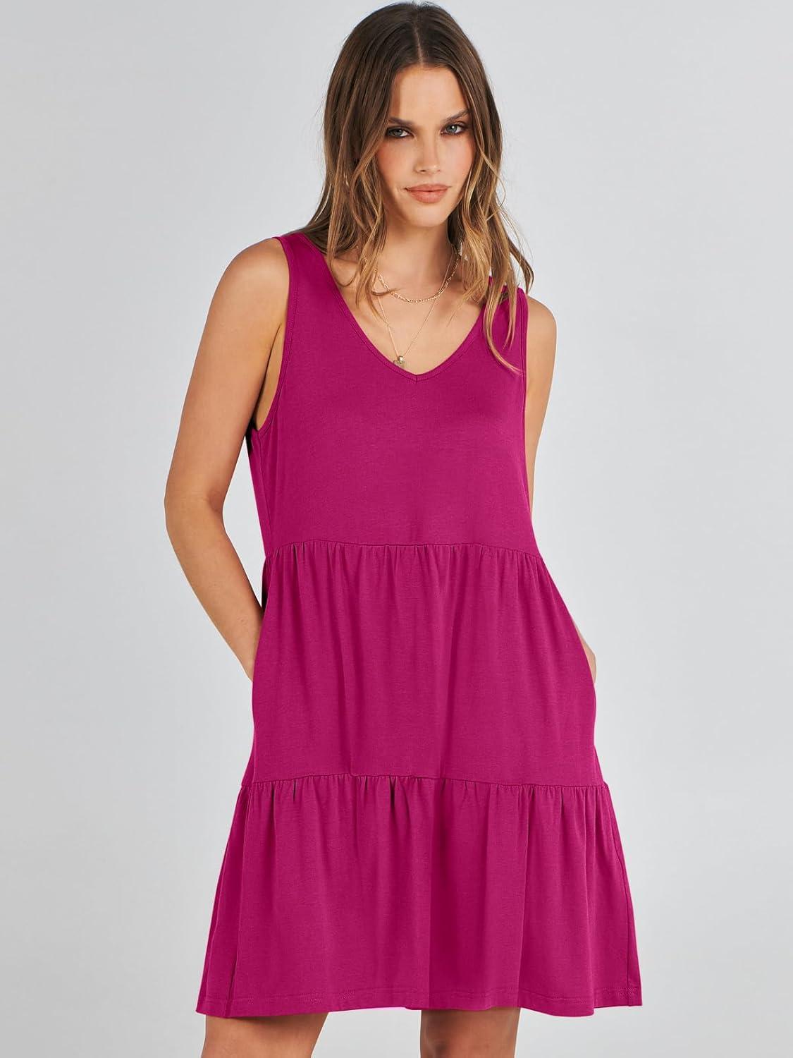 imageANRABESS Womens Summer Casual Tank Dress Sleeveless V Neck T Shirt Sundress Flowy Tiered Swing Mini Beach Vacation DressesRose
