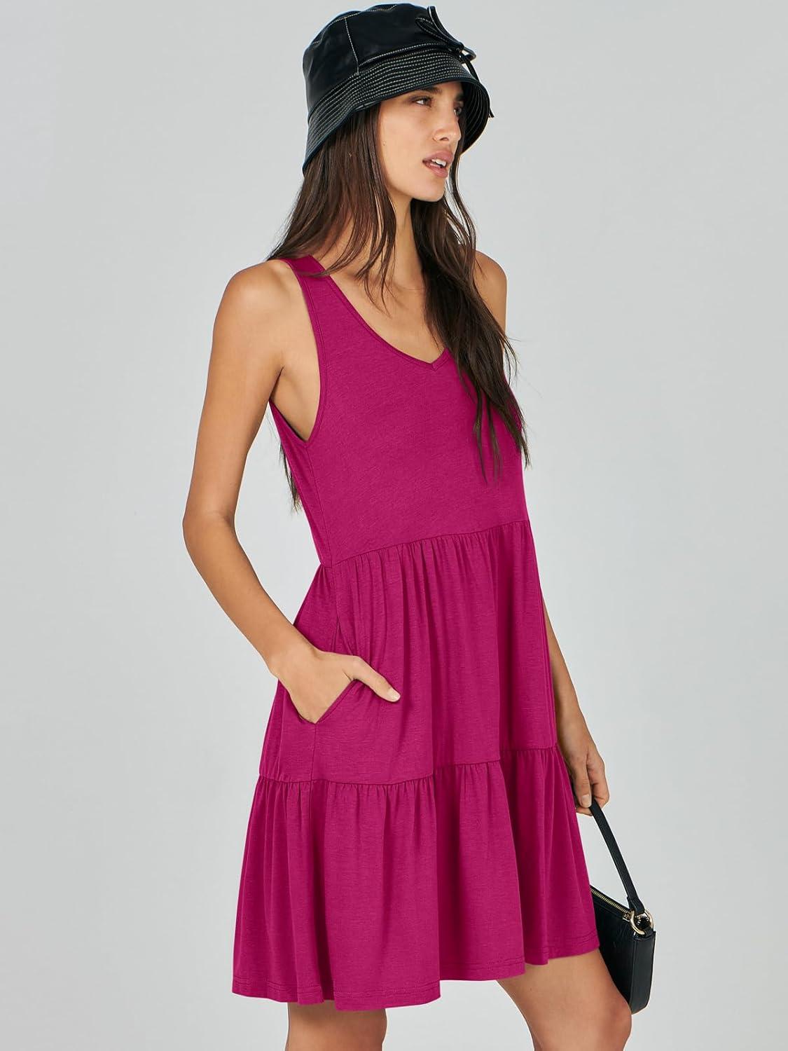 imageANRABESS Womens Summer Casual Tank Dress Sleeveless V Neck T Shirt Sundress Flowy Tiered Swing Mini Beach Vacation DressesRose