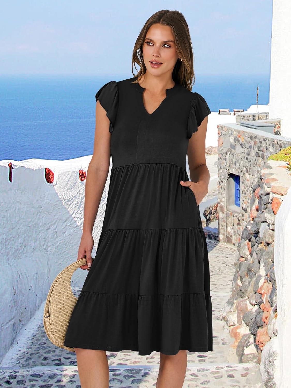 imageANRABESS Womens Summer Dress Ruffle Sleeve V Neck Midi Dresses Fashion Casual Fit Flowy Tiered Boho Beach Vacation SundressBlack