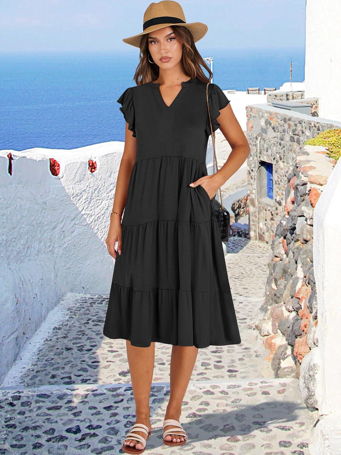 imageANRABESS Womens Summer Dress Ruffle Sleeve V Neck Midi Dresses Fashion Casual Fit Flowy Tiered Boho Beach Vacation SundressBlack