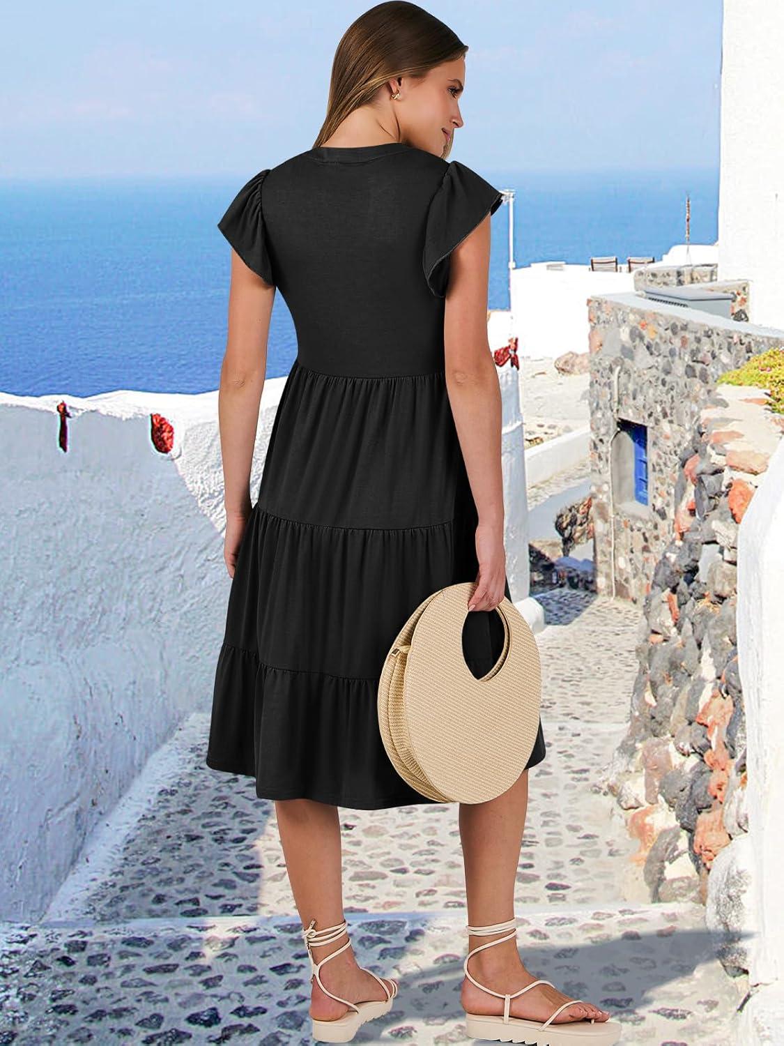 imageANRABESS Womens Summer Dress Ruffle Sleeve V Neck Midi Dresses Fashion Casual Fit Flowy Tiered Boho Beach Vacation SundressBlack