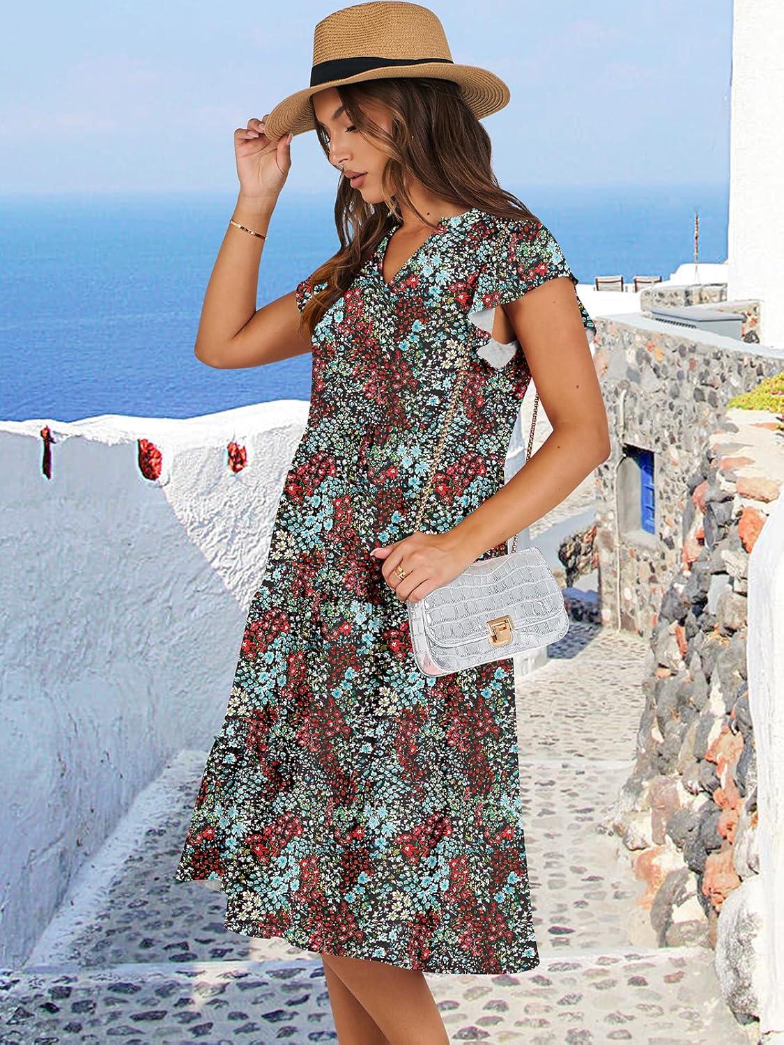 imageANRABESS Womens Summer Dress Ruffle Sleeve V Neck Midi Dresses Fashion Casual Fit Flowy Tiered Boho Beach Vacation SundressBlue Red Floral