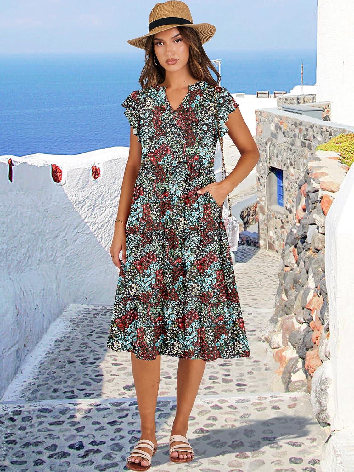 imageANRABESS Womens Summer Dress Ruffle Sleeve V Neck Midi Dresses Fashion Casual Fit Flowy Tiered Boho Beach Vacation SundressBlue Red Floral