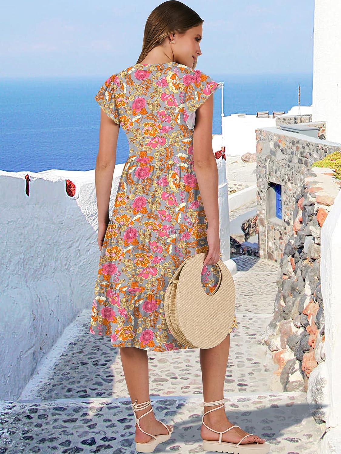 imageANRABESS Womens Summer Dress Ruffle Sleeve V Neck Midi Dresses Fashion Casual Fit Flowy Tiered Boho Beach Vacation SundressGrey Pink Floral