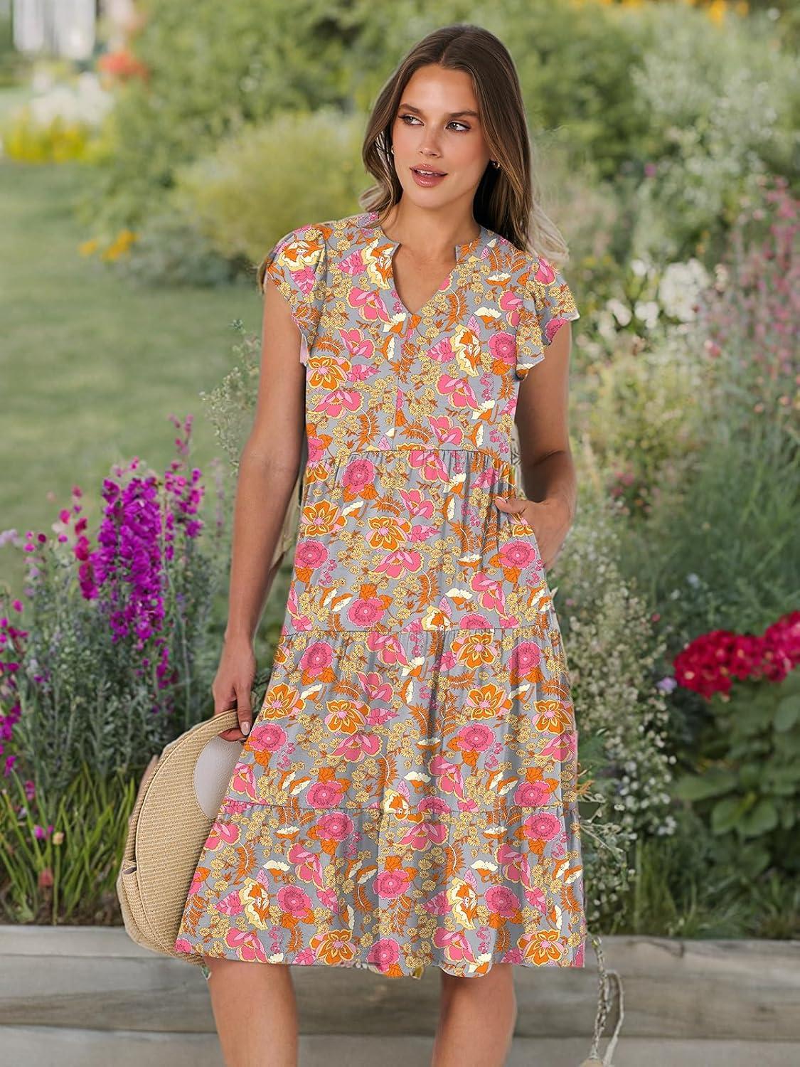 imageANRABESS Womens Summer Dress Ruffle Sleeve V Neck Midi Dresses Fashion Casual Fit Flowy Tiered Boho Beach Vacation SundressGrey Pink Floral