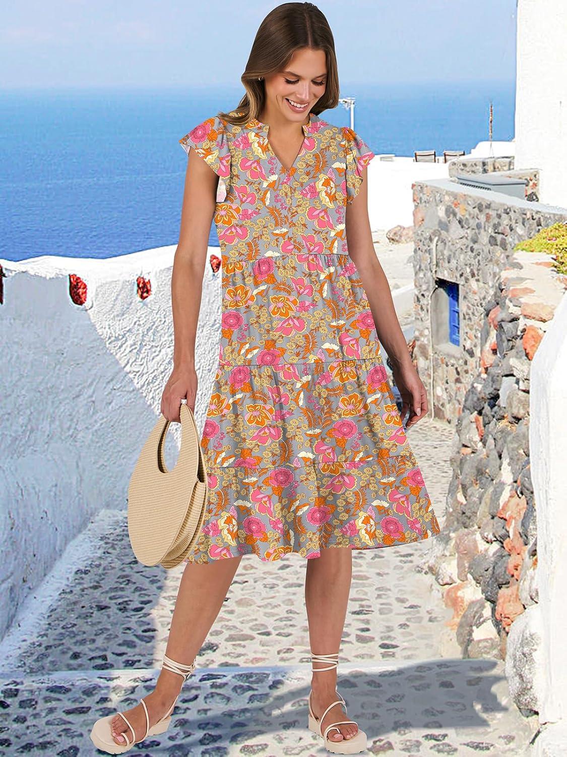 imageANRABESS Womens Summer Dress Ruffle Sleeve V Neck Midi Dresses Fashion Casual Fit Flowy Tiered Boho Beach Vacation SundressGrey Pink Floral