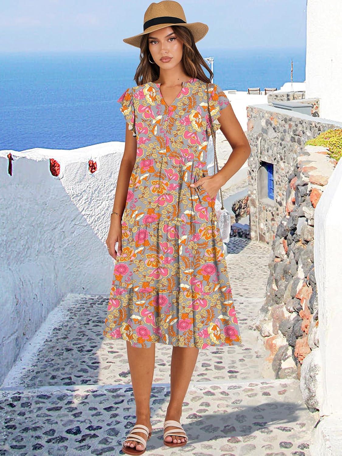 imageANRABESS Womens Summer Dress Ruffle Sleeve V Neck Midi Dresses Fashion Casual Fit Flowy Tiered Boho Beach Vacation SundressGrey Pink Floral