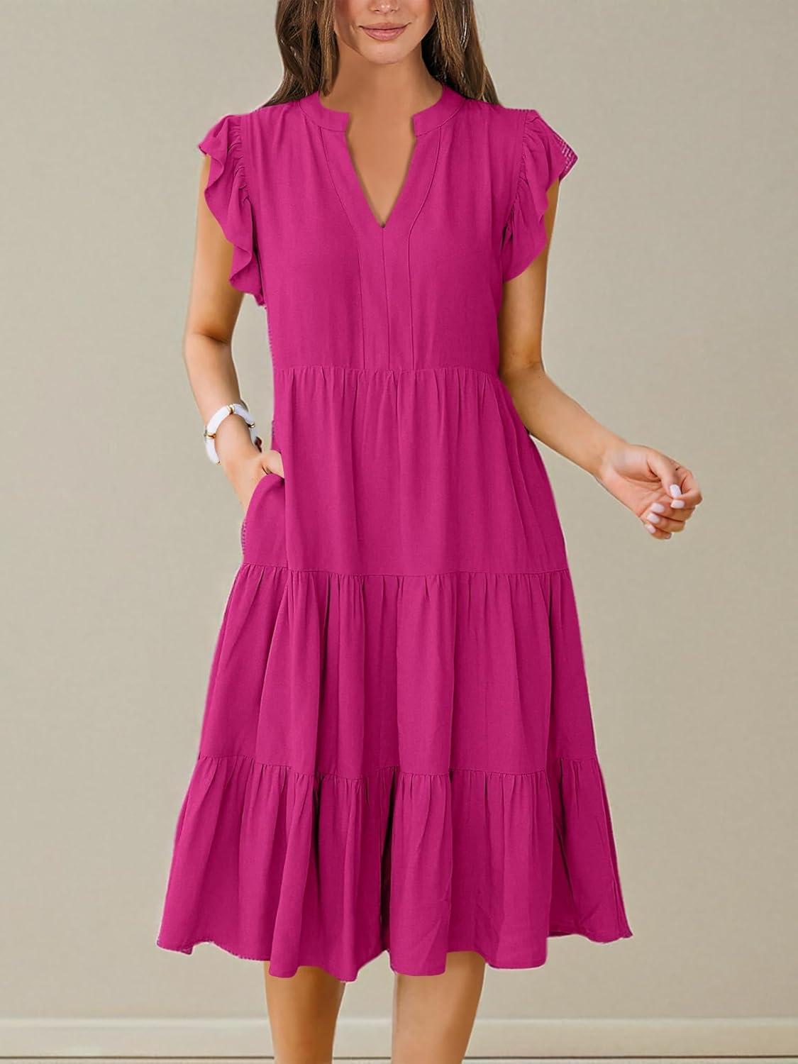 imageANRABESS Womens Summer Dress Ruffle Sleeve V Neck Midi Dresses Fashion Casual Fit Flowy Tiered Boho Beach Vacation SundressHot Pink