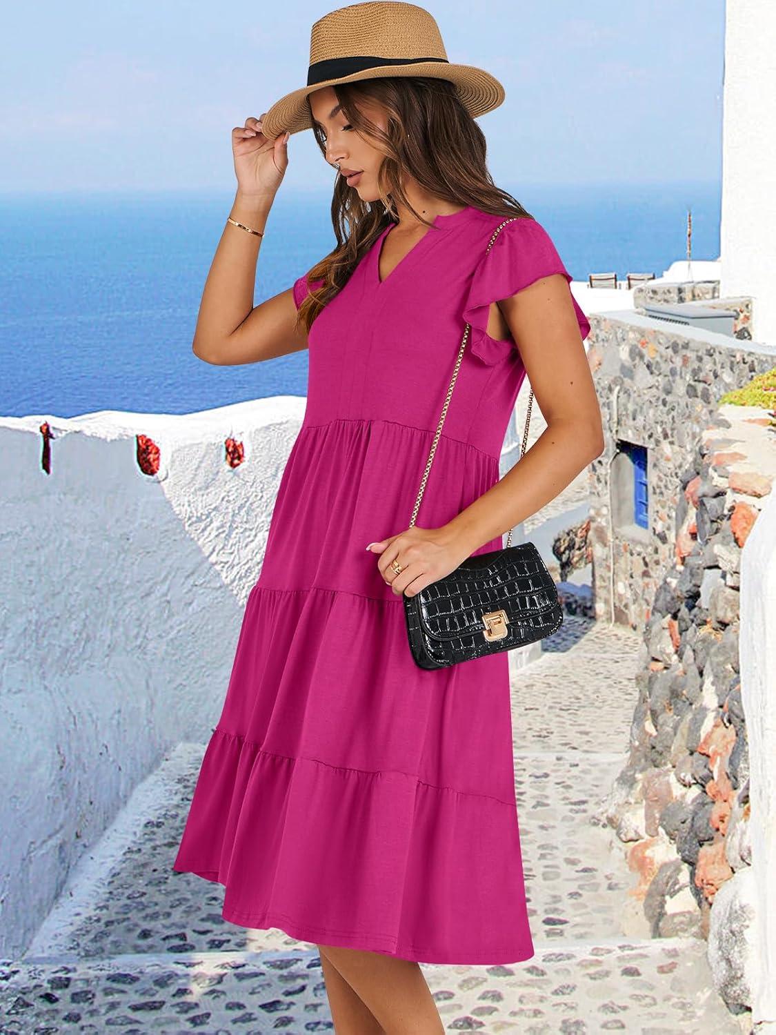 imageANRABESS Womens Summer Dress Ruffle Sleeve V Neck Midi Dresses Fashion Casual Fit Flowy Tiered Boho Beach Vacation SundressHot Pink