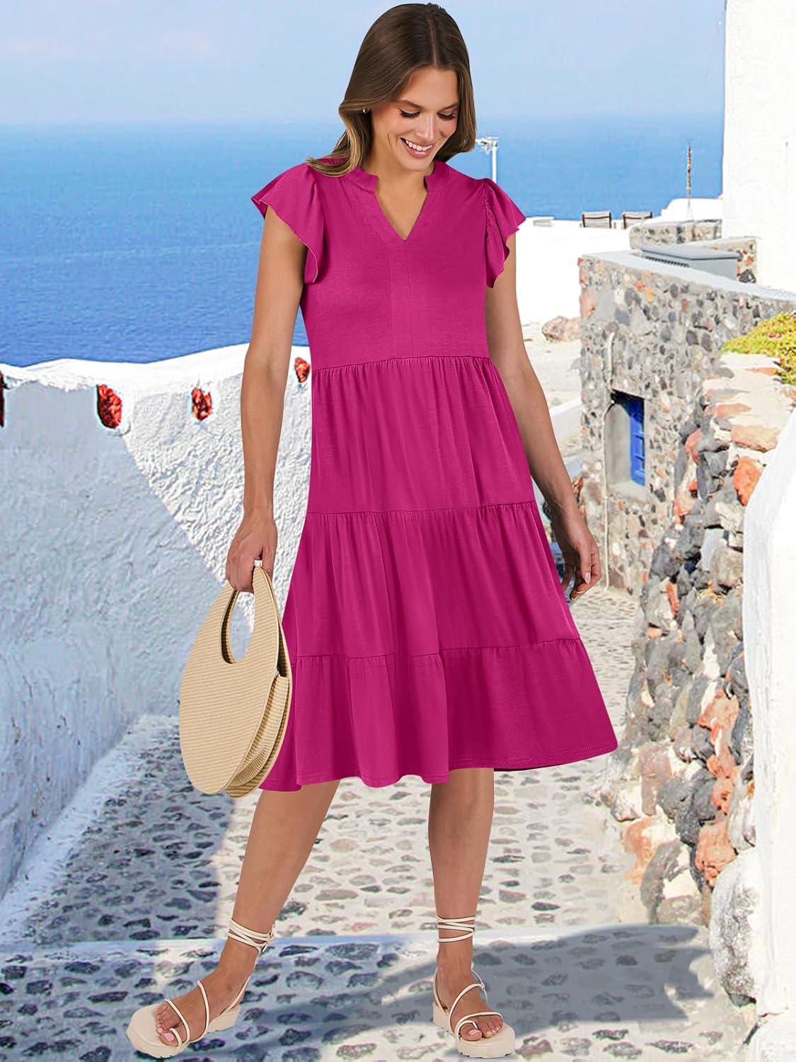 imageANRABESS Womens Summer Dress Ruffle Sleeve V Neck Midi Dresses Fashion Casual Fit Flowy Tiered Boho Beach Vacation SundressHot Pink