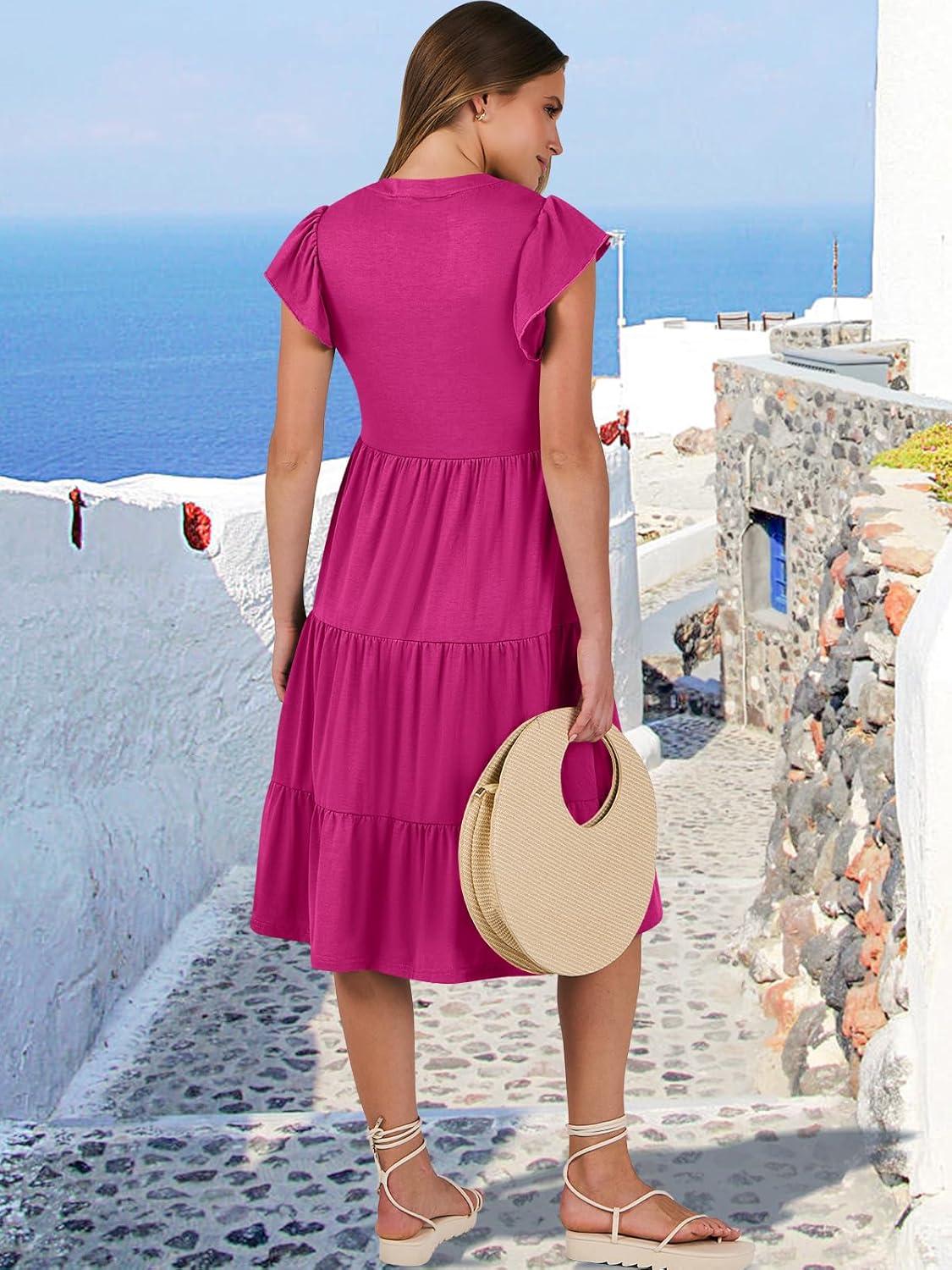 imageANRABESS Womens Summer Dress Ruffle Sleeve V Neck Midi Dresses Fashion Casual Fit Flowy Tiered Boho Beach Vacation SundressHot Pink