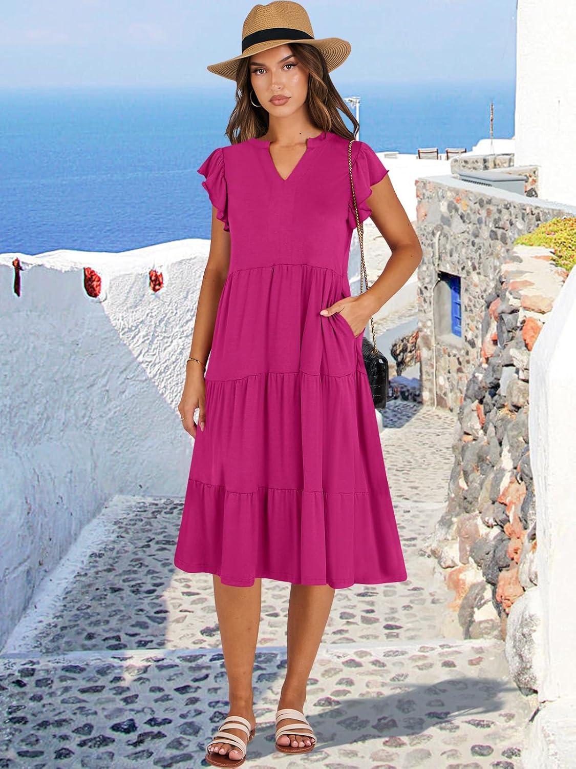 imageANRABESS Womens Summer Dress Ruffle Sleeve V Neck Midi Dresses Fashion Casual Fit Flowy Tiered Boho Beach Vacation SundressHot Pink