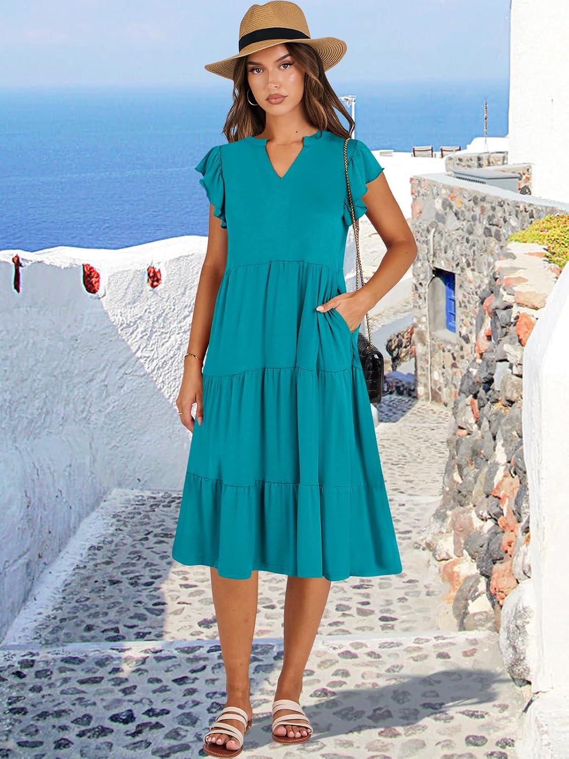 imageANRABESS Womens Summer Dress Ruffle Sleeve V Neck Midi Dresses Fashion Casual Fit Flowy Tiered Boho Beach Vacation SundressLake Green