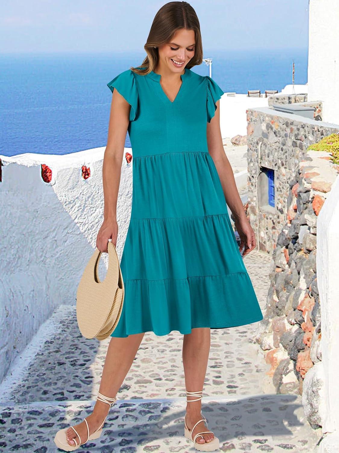 imageANRABESS Womens Summer Dress Ruffle Sleeve V Neck Midi Dresses Fashion Casual Fit Flowy Tiered Boho Beach Vacation SundressLake Green