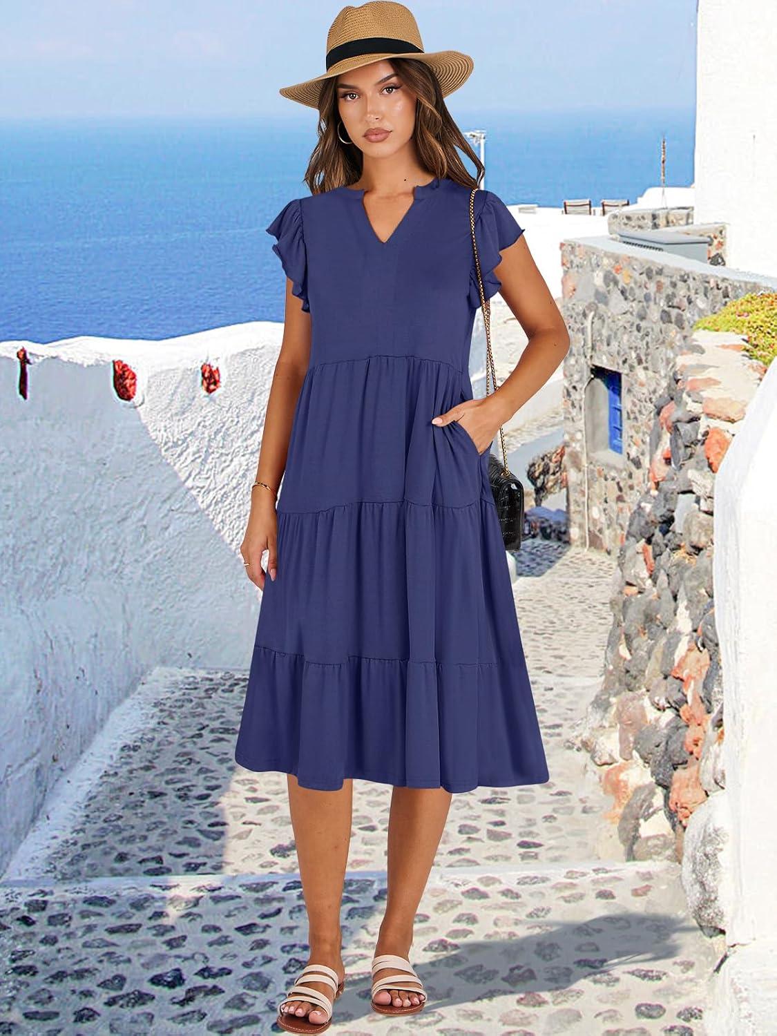 imageANRABESS Womens Summer Dress Ruffle Sleeve V Neck Midi Dresses Fashion Casual Fit Flowy Tiered Boho Beach Vacation SundressNavy Blue