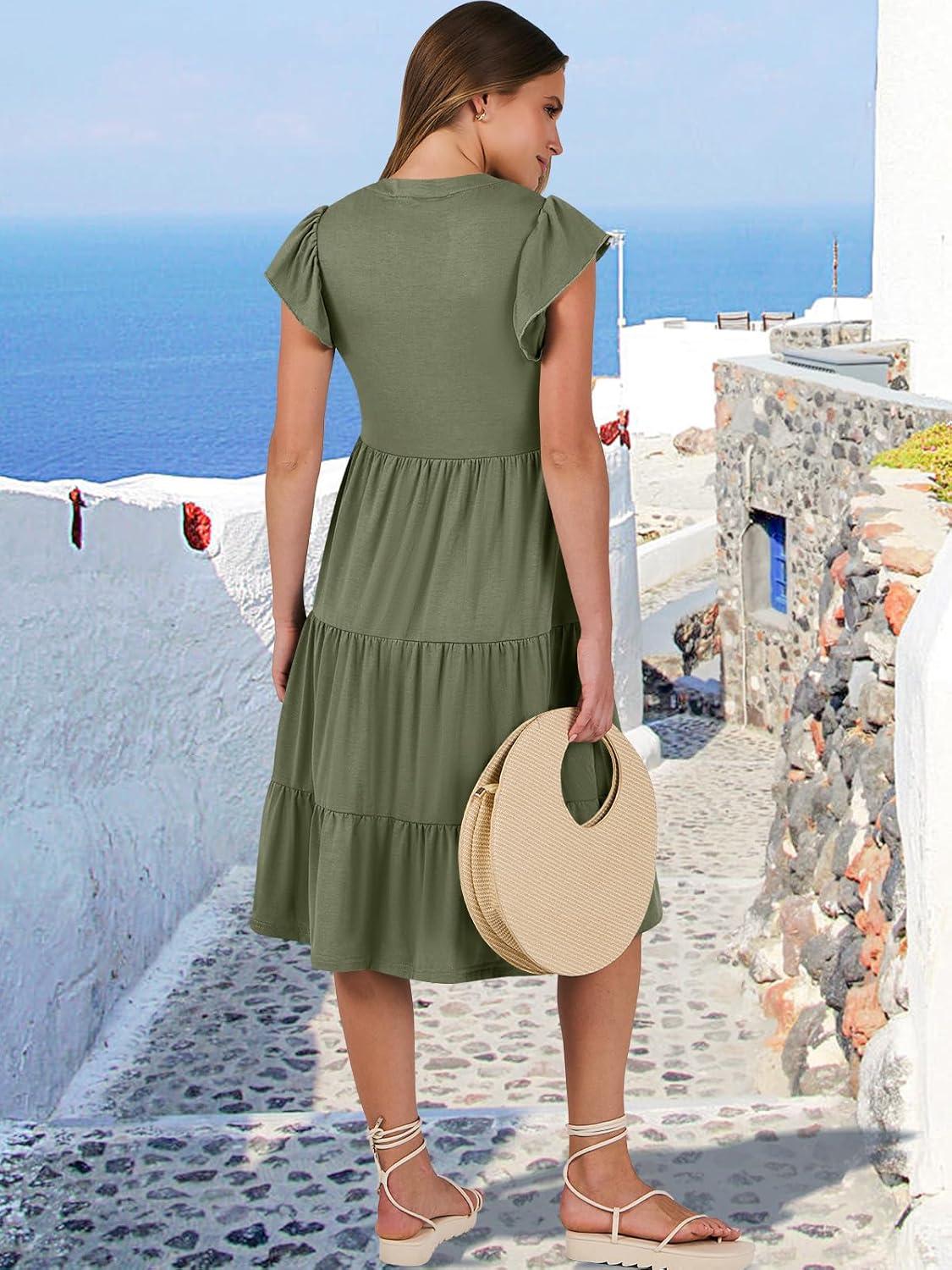 imageANRABESS Womens Summer Dress Ruffle Sleeve V Neck Midi Dresses Fashion Casual Fit Flowy Tiered Boho Beach Vacation SundressOlive