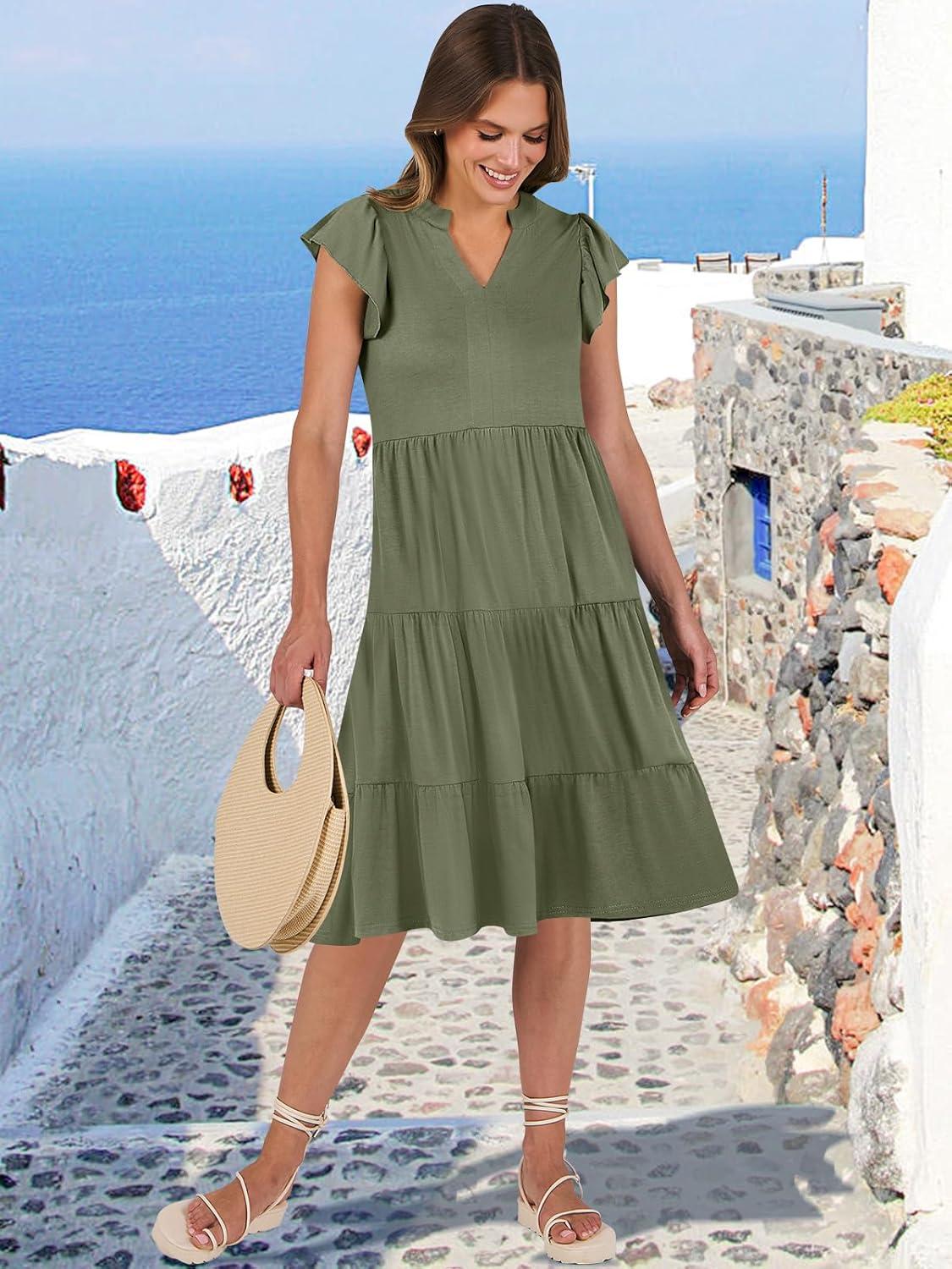 imageANRABESS Womens Summer Dress Ruffle Sleeve V Neck Midi Dresses Fashion Casual Fit Flowy Tiered Boho Beach Vacation SundressOlive